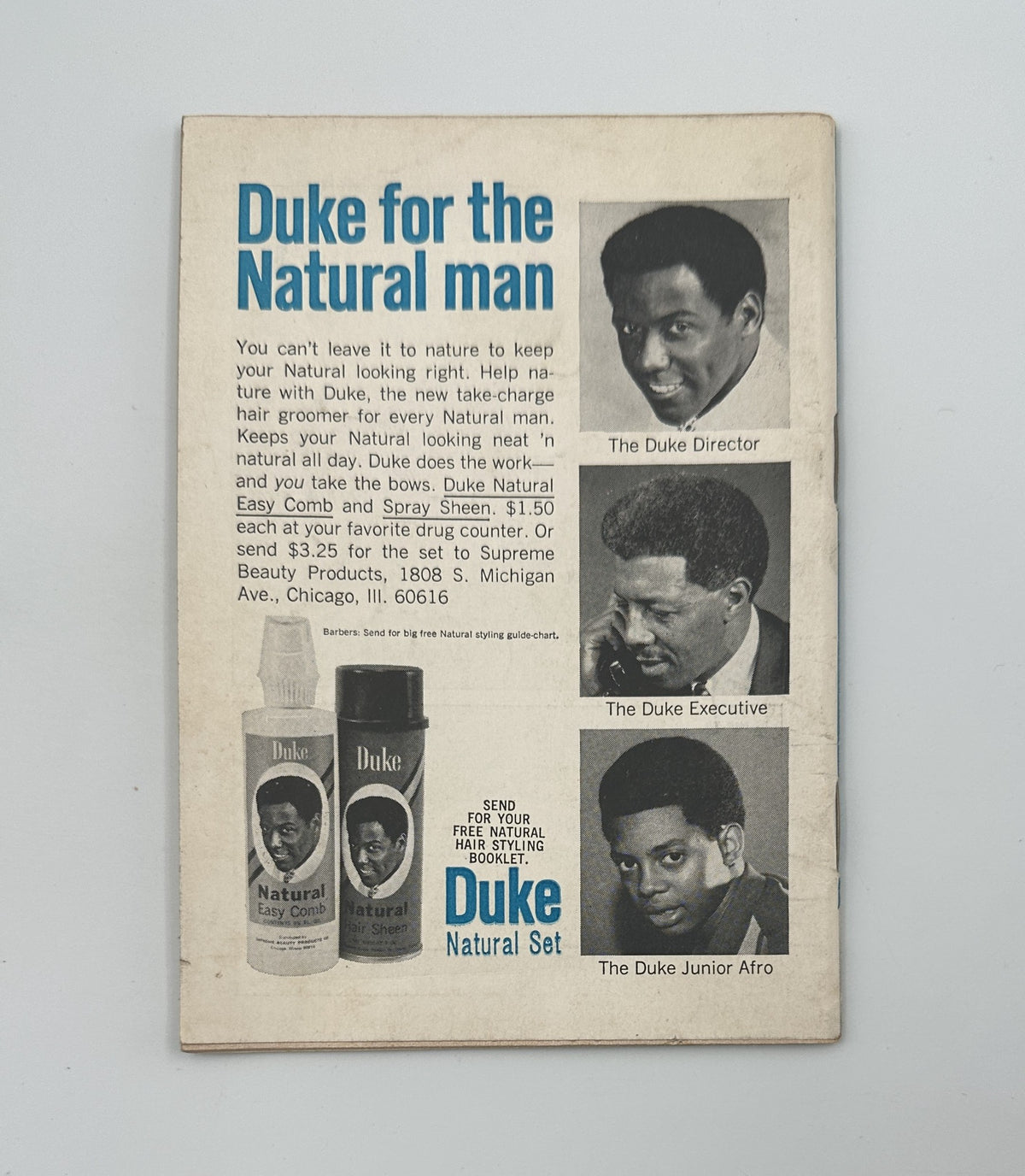 Advertisement for Duke Hair Products featuring three male models showcasing a natural hairstyle, titled 'Duke for the Natural Man'. This vintage ad was included in Jet Magazine October 31, 1968, featuring grooming options for natural hair.