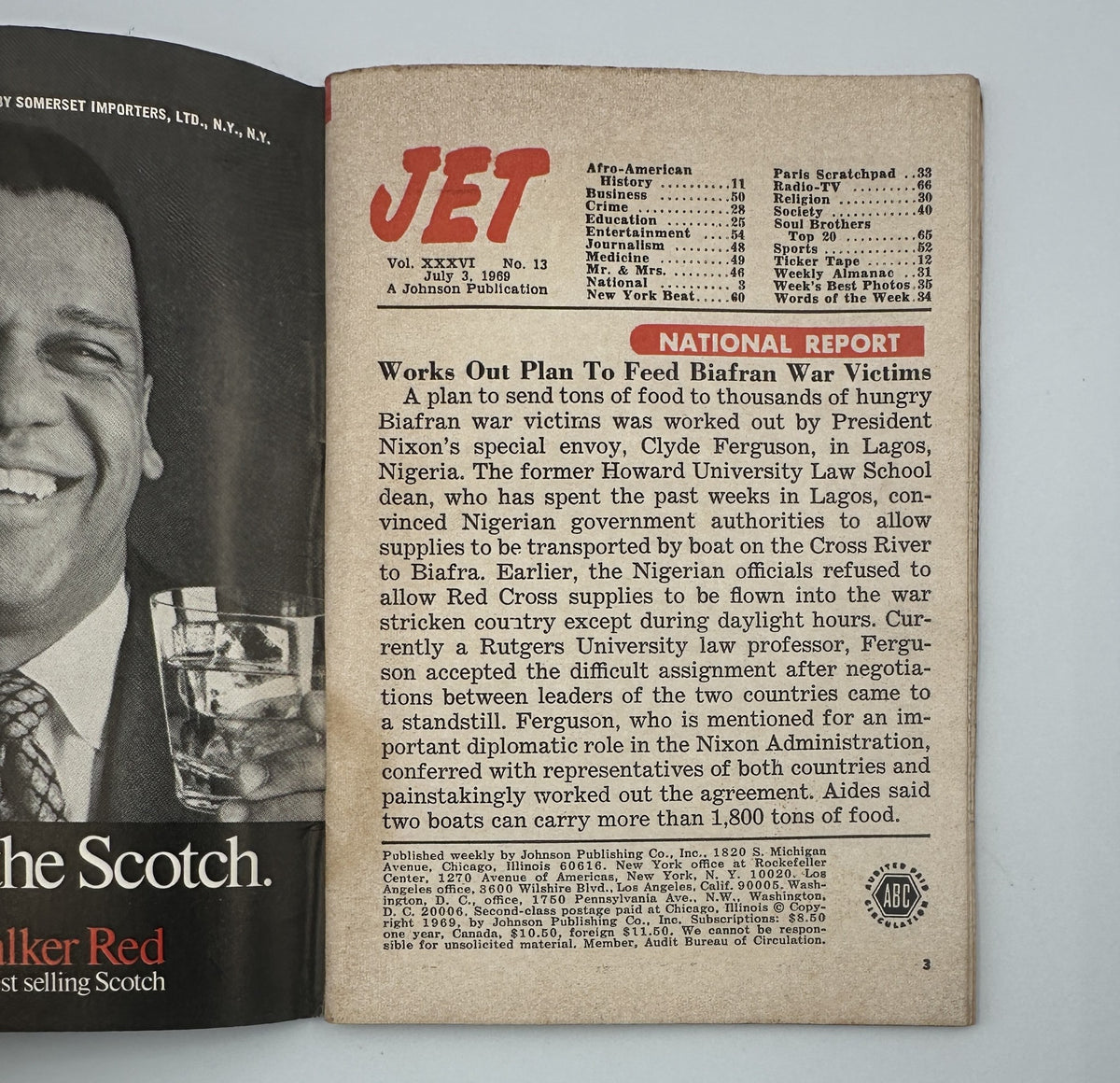 Inside page of Jet Magazine from July 3, 1969 detailing the National Report on feeding Biafran war victims.