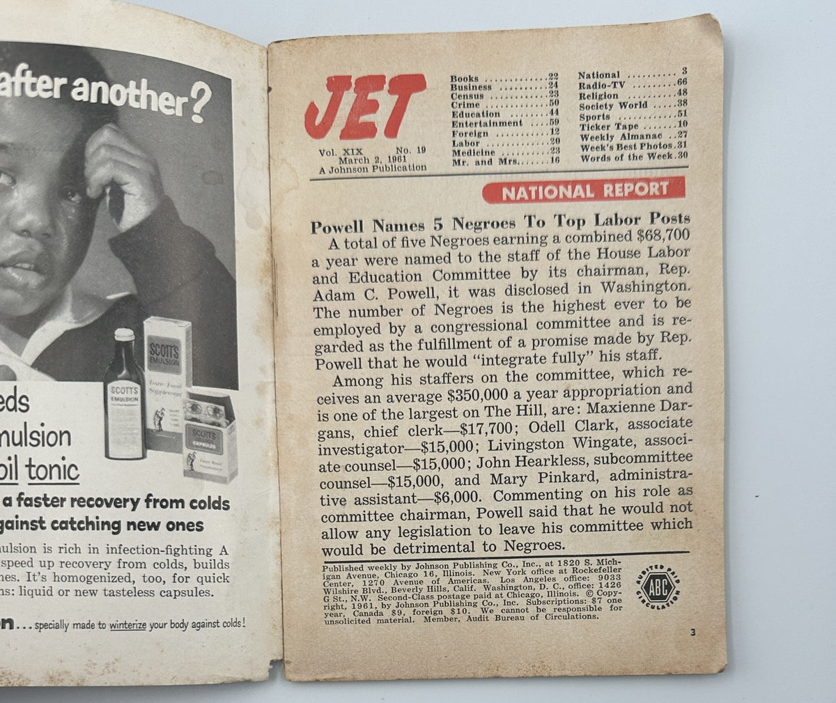 Inside page of Jet Magazine March 2, 1961, highlighting a national report on labor positions and featuring Adam C. Powell's impact on education committee.
