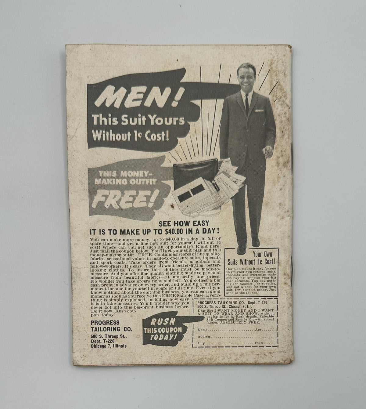 Back cover of Jet Magazine March 2, 1961, advertising a suit-making opportunity with a note on cost-effectiveness in the clothing business.