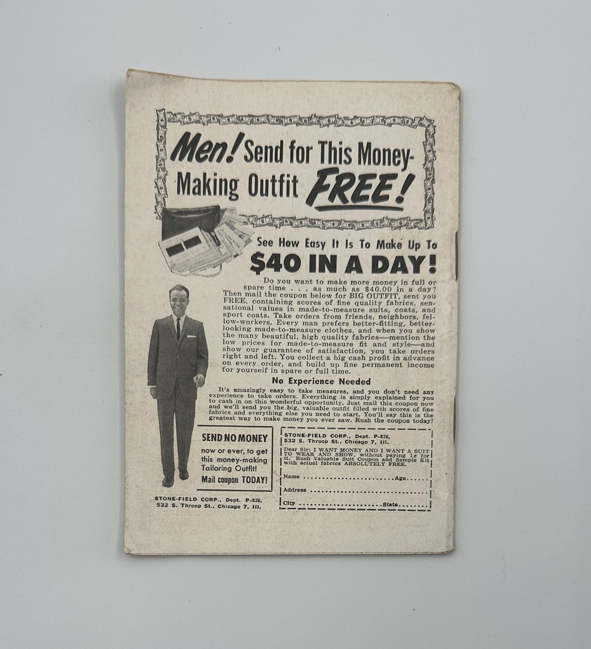 Back cover of Jet Magazine December 21, 1961 displaying an advertisement for a money-making outfit aimed at men, promising earnings of up to $40 a day.