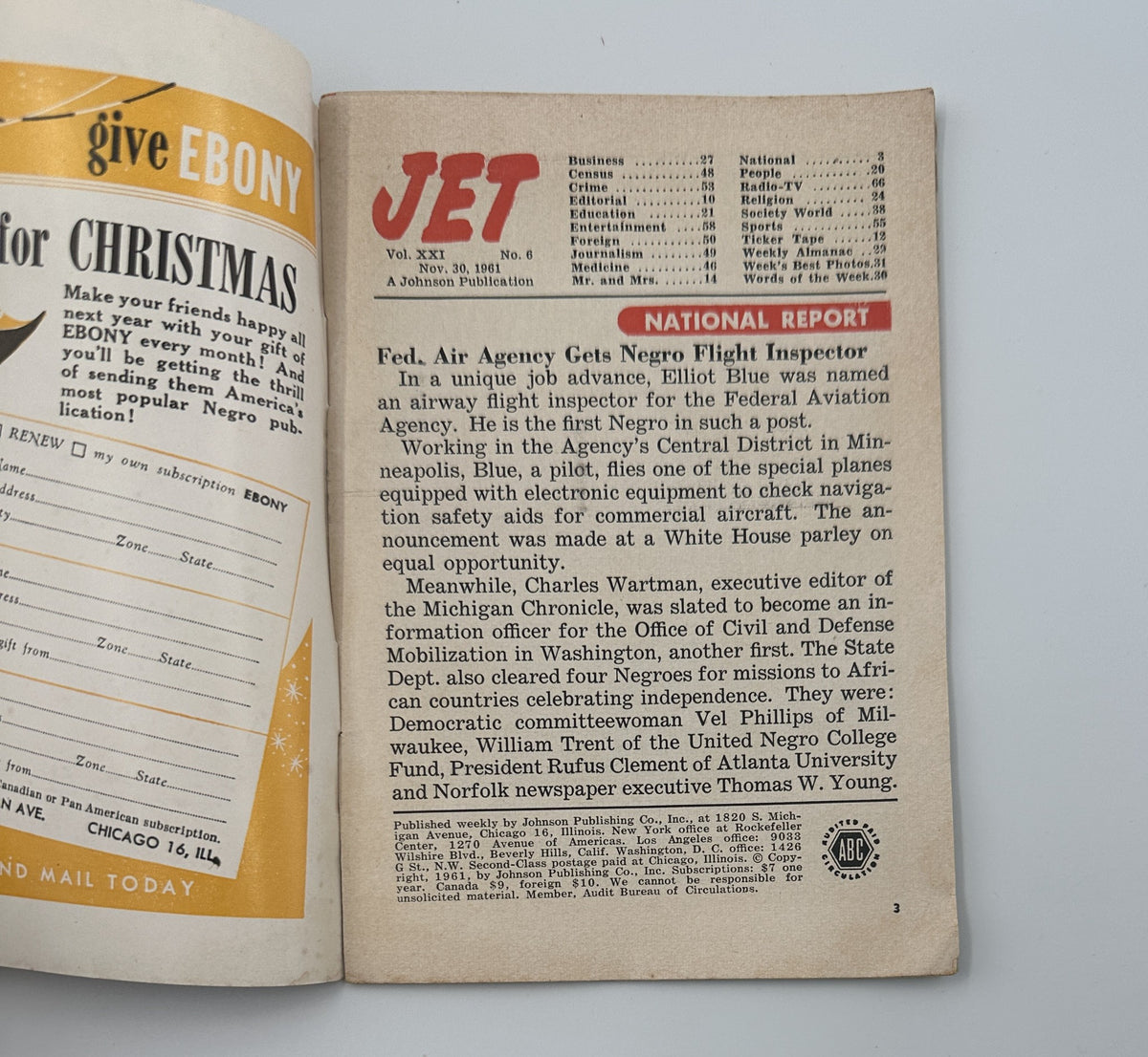 Inside pages of Jet Magazine November 30, 1961 showcasing articles including one about Elliott Blue, the first Negro flight inspector for the Federal Aviation Agency.
