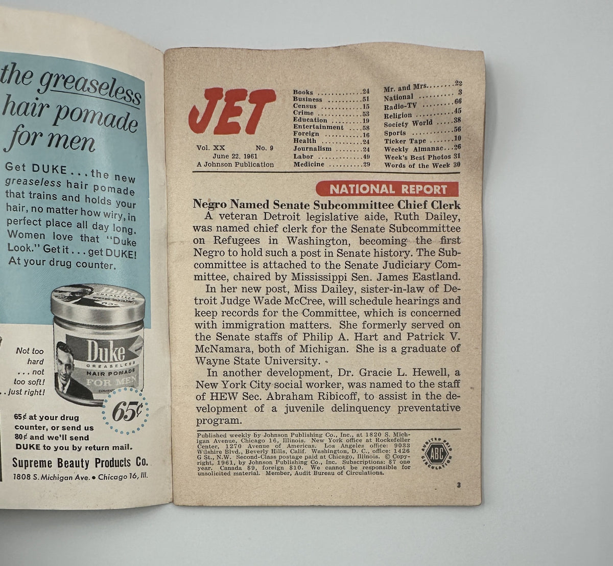 Inside page of Jet Magazine June 22, 1961 showing the Table of Contents and an article about Ruth Daley, the first African American woman appointed chief clerk for the Senate Subcommittee.