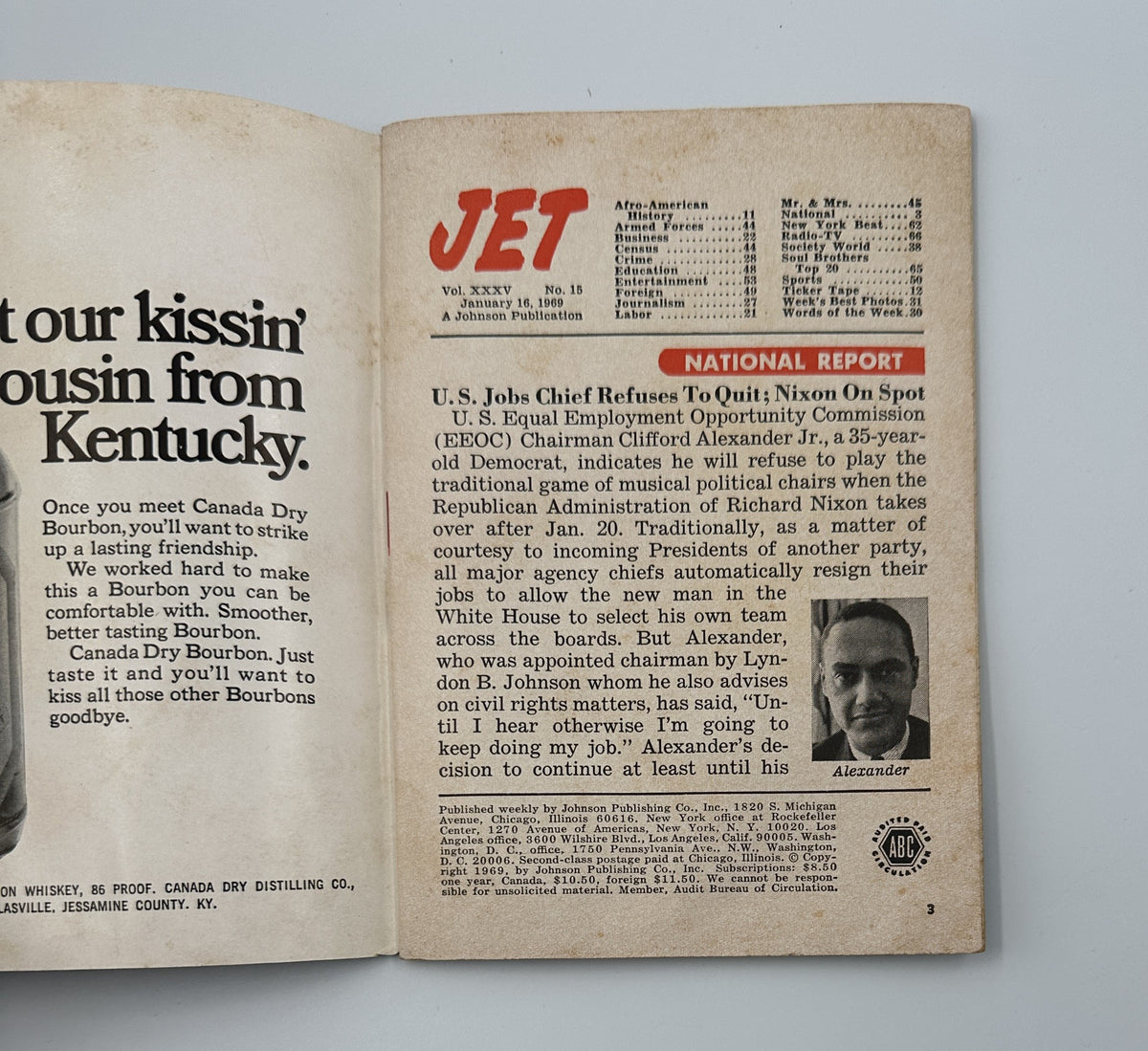 Jet Magazine January 16, 1969 cover featuring a national report on U.S. jobs and civil rights, showcasing significant historical context and topics in Afro-American history.