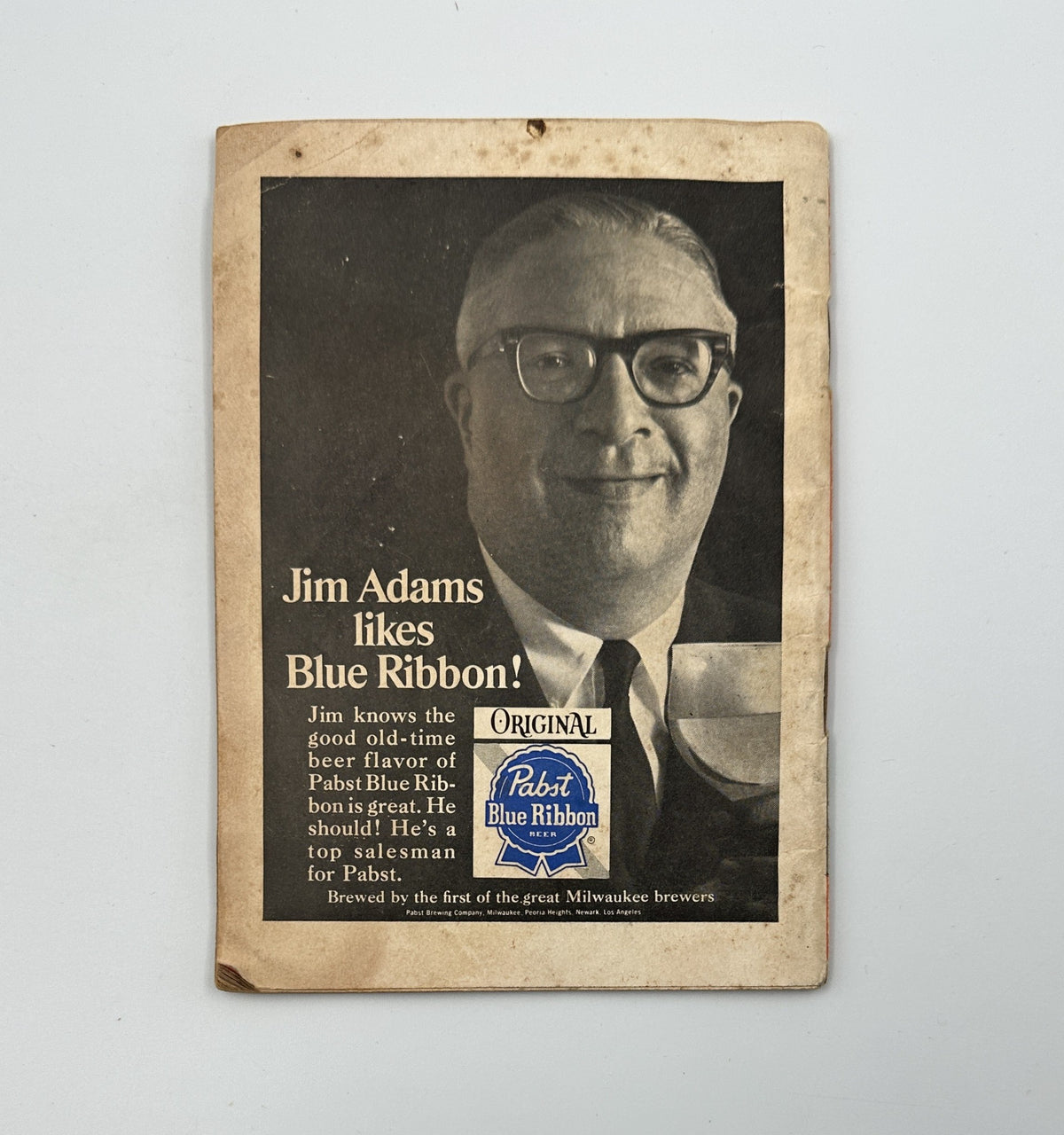 Back cover of Jet Magazine July 14, 1966, featuring an advertisement for Pabst Blue Ribbon beer, with a portrait of Jim Adams.