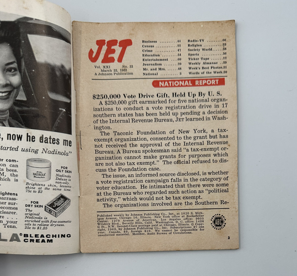 Inside page of Jet Magazine March 22, 1962 showing a National Report section, discussing the $250,000 vote drive gift and registration issues.