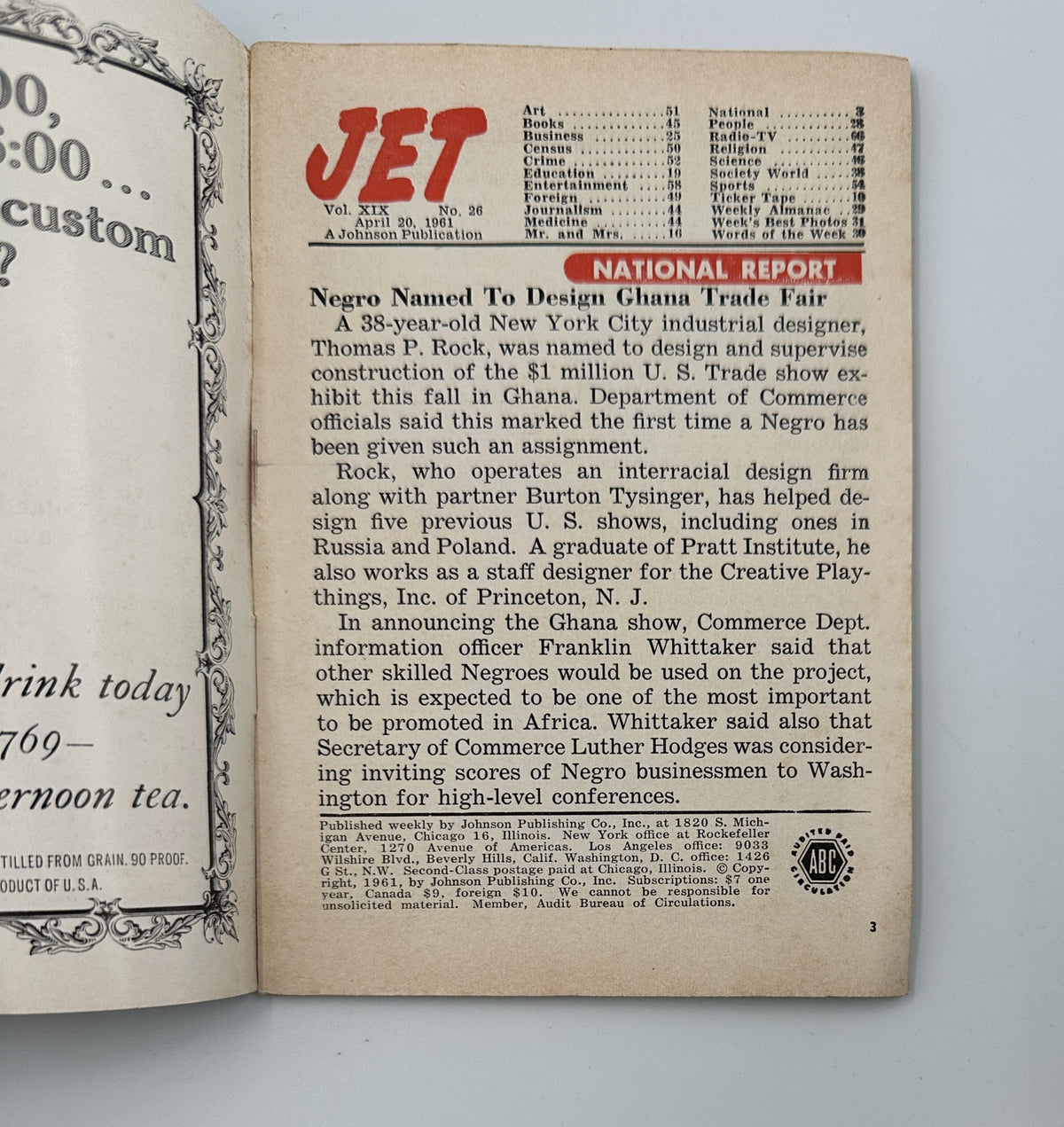 Inside page from Jet Magazine April 20, 1961 featuring a National Report about Thomas P. Rook, an industrial designer involved in the Ghana Trade Fair, highlighting his significant role and mentioning his association with Princeton University.
