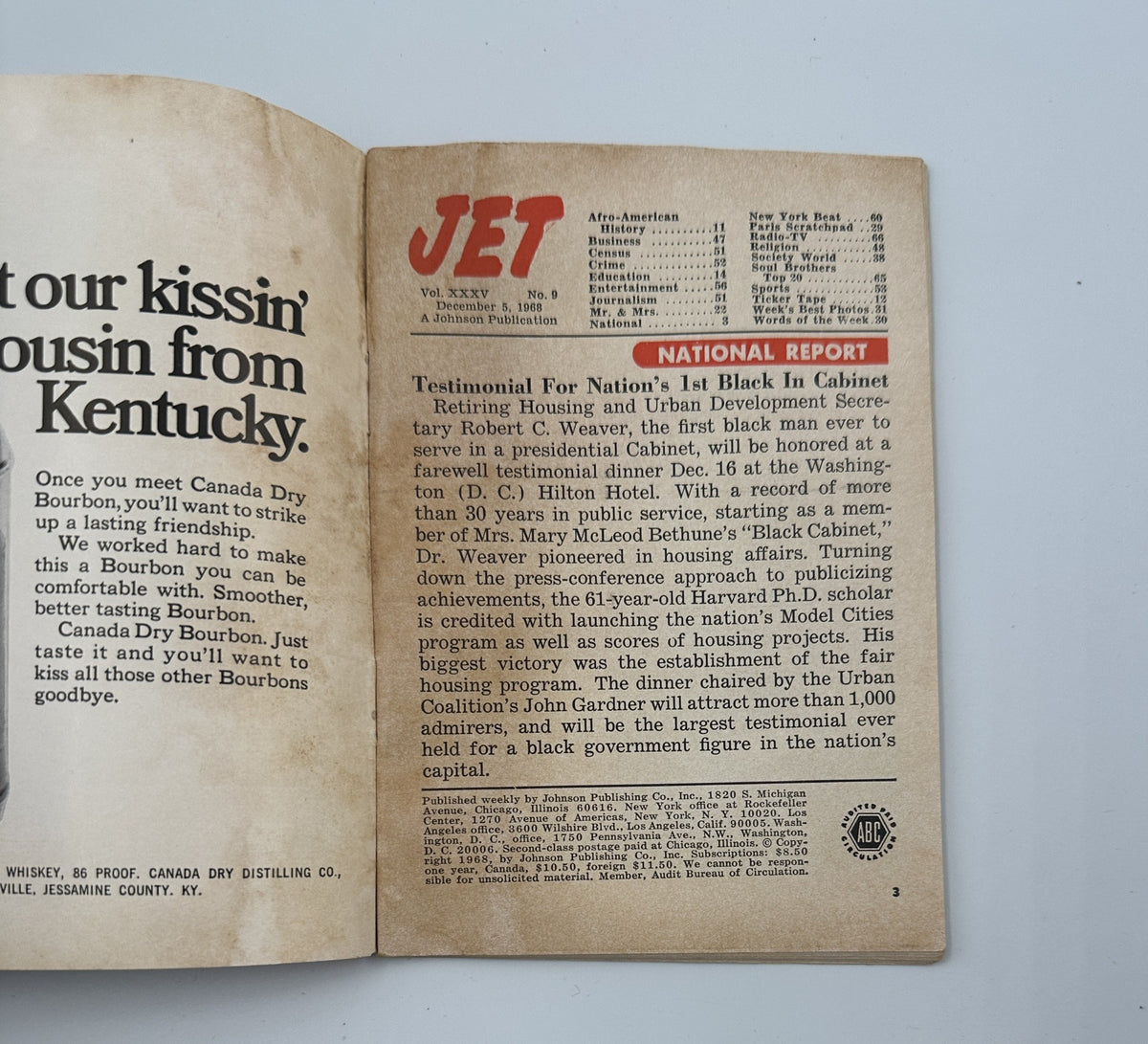 Inside page of Jet Magazine from December 5, 1968, highlighting testimonials and articles related to urban development, featuring the Jet Magazine logo and content details.