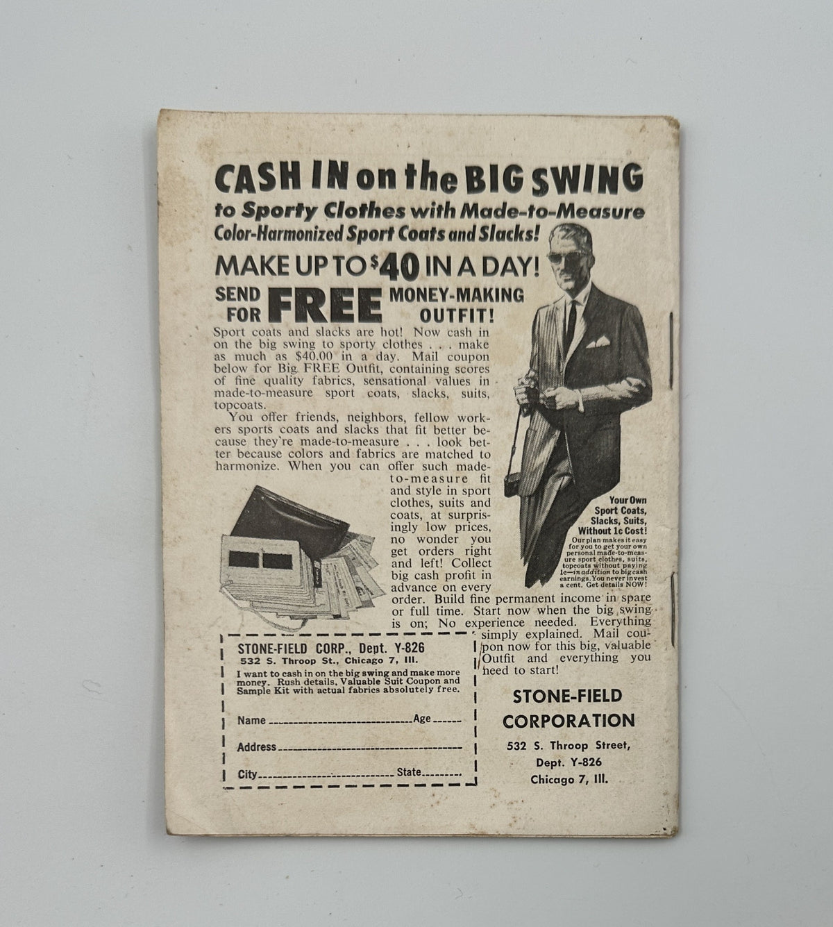 Back cover of Jet Magazine January 4, 1962 promoting a business opportunity with Stone-Field Corporation for money-making outfits.