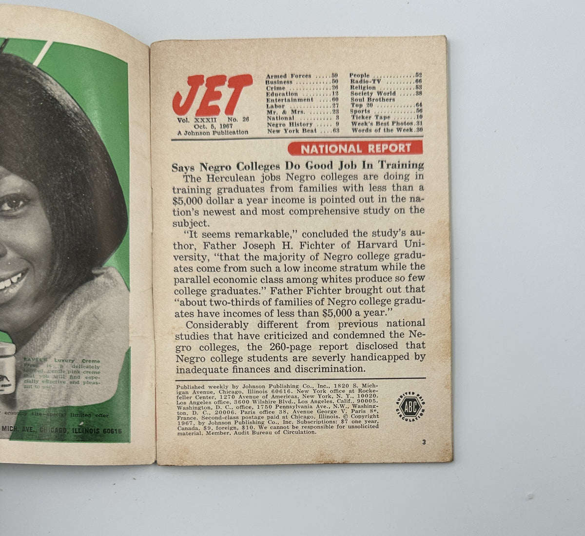 Inside page of Jet Magazine from October 5, 1967, showcasing an article titled 'NATIONAL REPORT' about the role of Negro colleges in training students, emphasizing their importance in education.