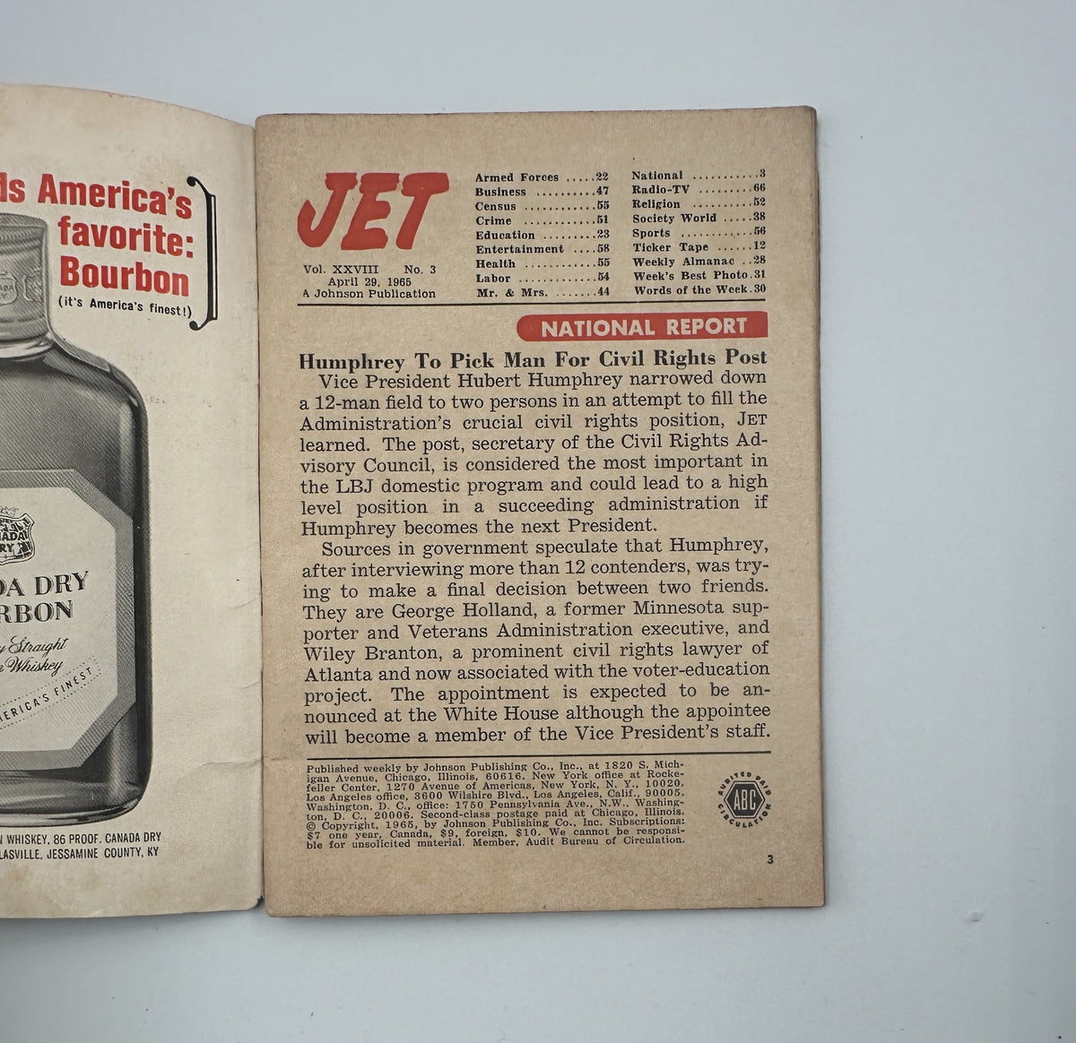 Inside page of Jet Magazine from April 29, 1965 discussing National Report about Vice President Hubert Humphrey and Civil Rights.