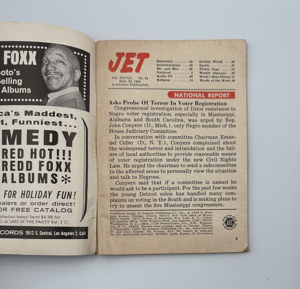 Inside page of Jet Magazine from September 23, 1965, displaying a National Report on voter registration and notable issues affecting African Americans.
