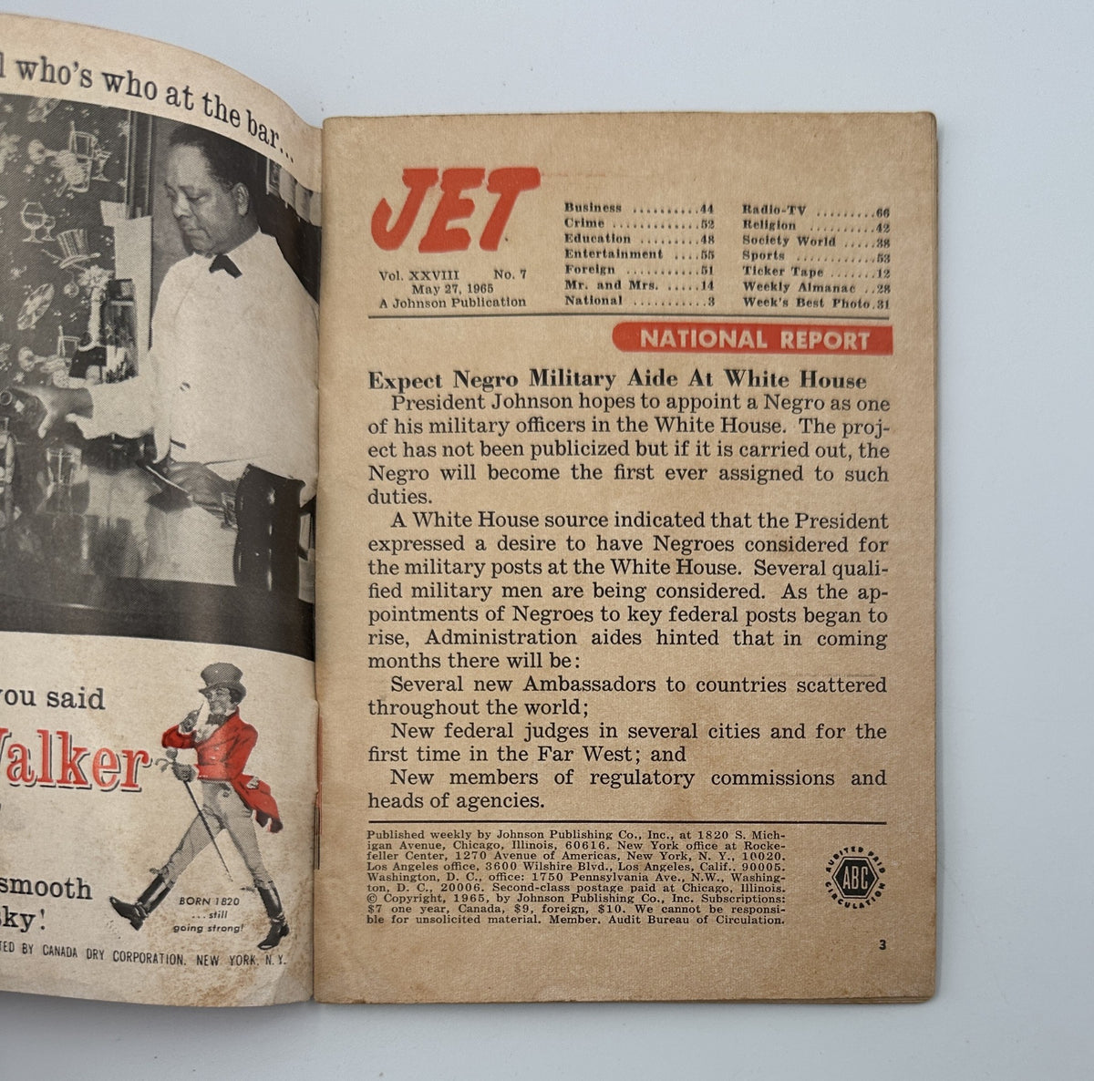 Inside page of Jet Magazine May 27, 1965, discussing the appointment of a Negro military aide at the White House, highlighting President Johnson's project.