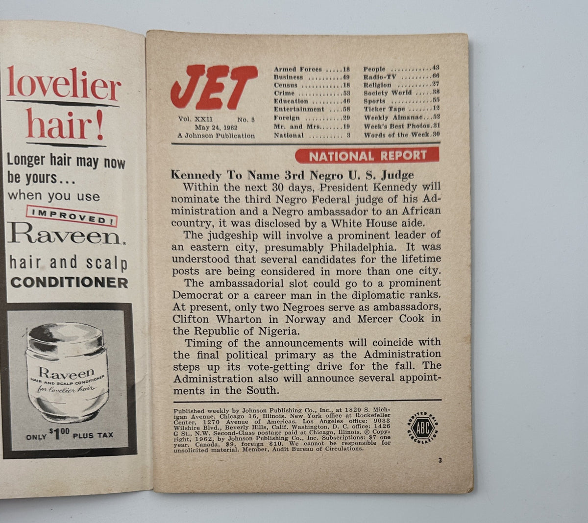 Inside page of Jet Magazine May 24, 1962 discussing President Kennedy's announcement regarding the appointment of the third Negro Federal Judge, highlighting its significance to African American representation.