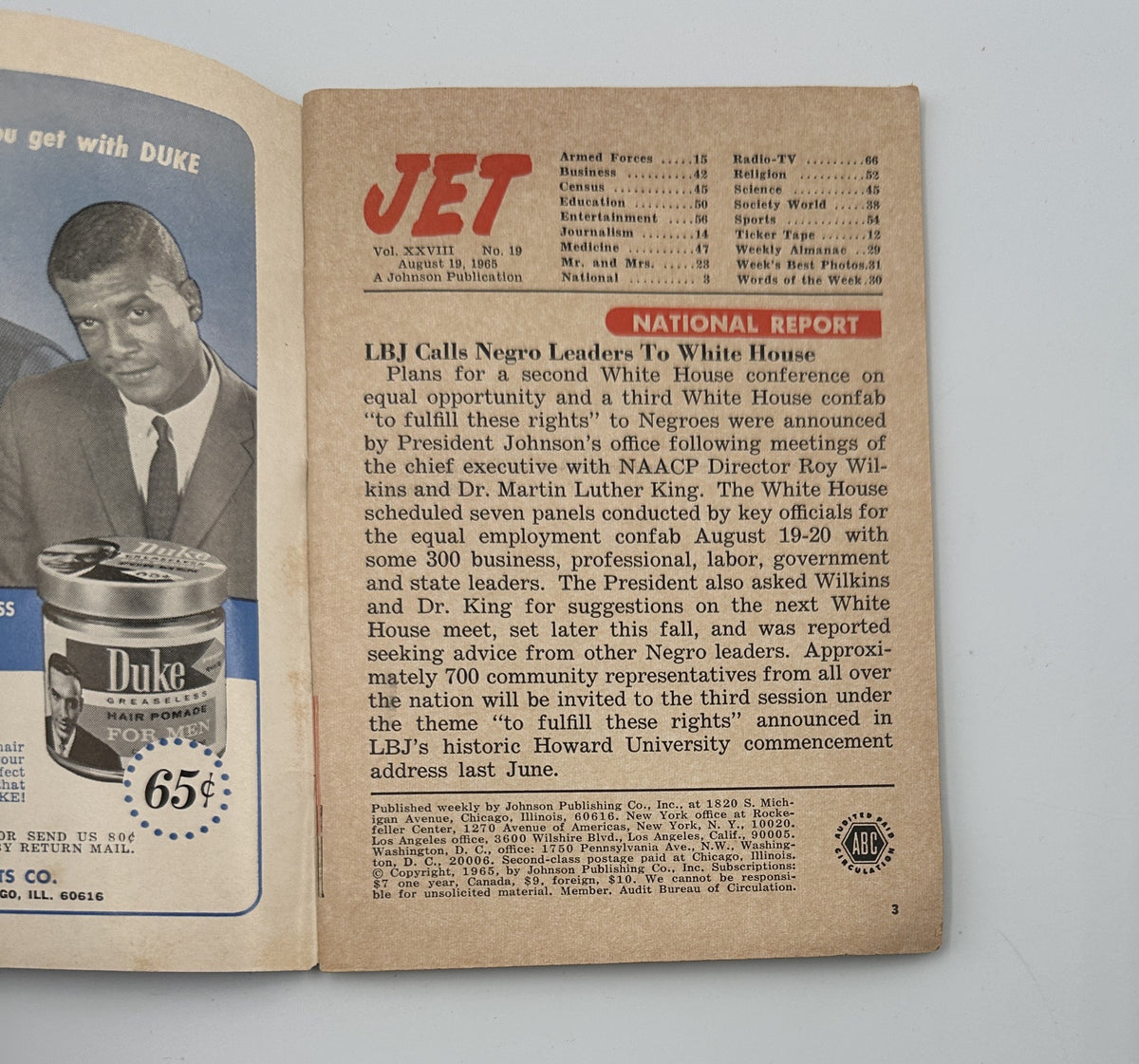 Jet Magazine August 19, 1965 featuring a National Report on LBJ's civil rights initiatives and engagement with Negro leaders to the White House, capturing historical moments from the Vietnam War era.