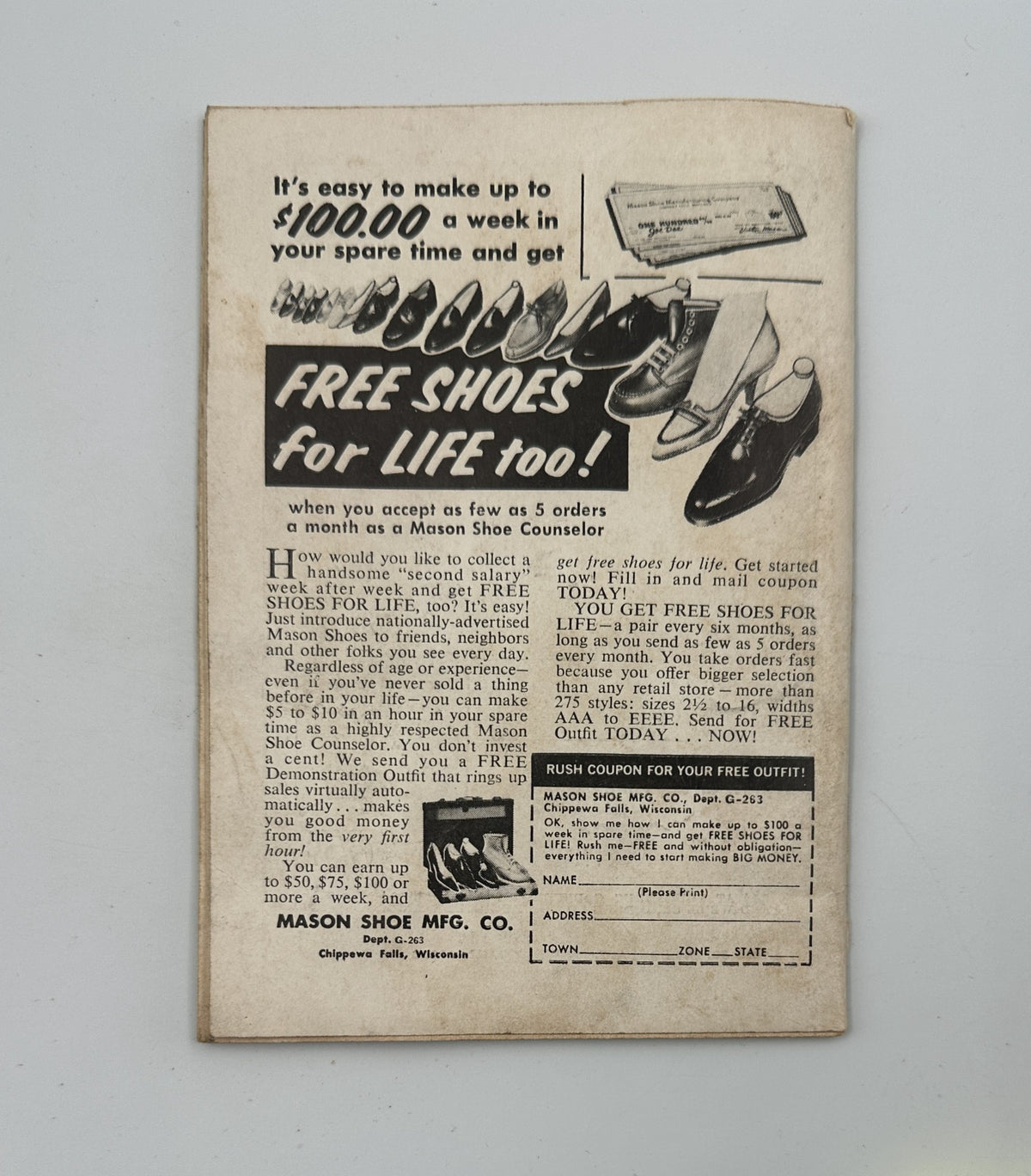 Advertisement from the inside back cover of Jet Magazine January 27, 1966, promoting a scheme for earning 'Free Shoes for Life' with a Mason Shoe Counselor.