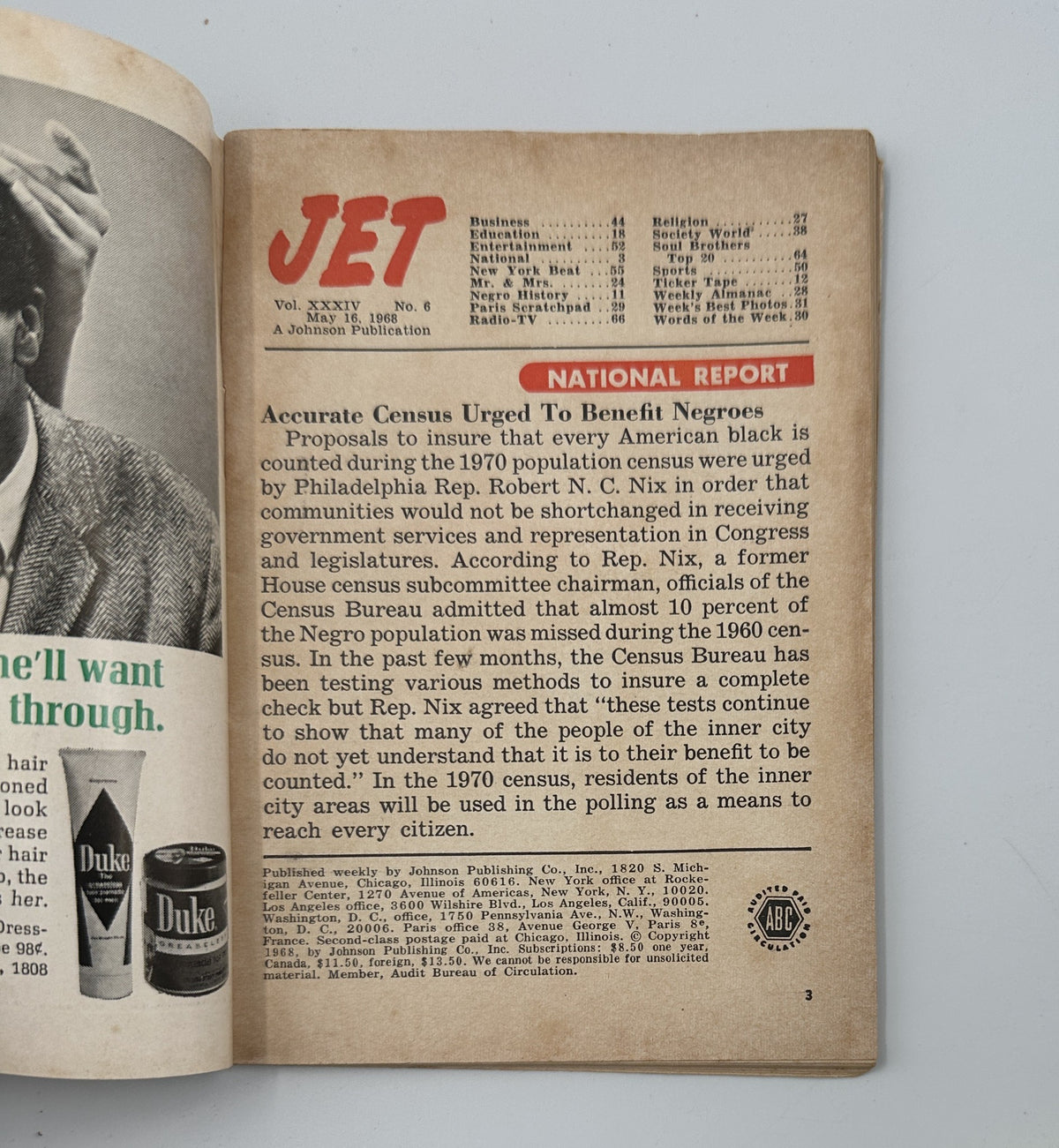 Inside page of Jet Magazine May 16, 1968, featuring a National Report discussing the importance of accurate census data for benefiting the African American community.