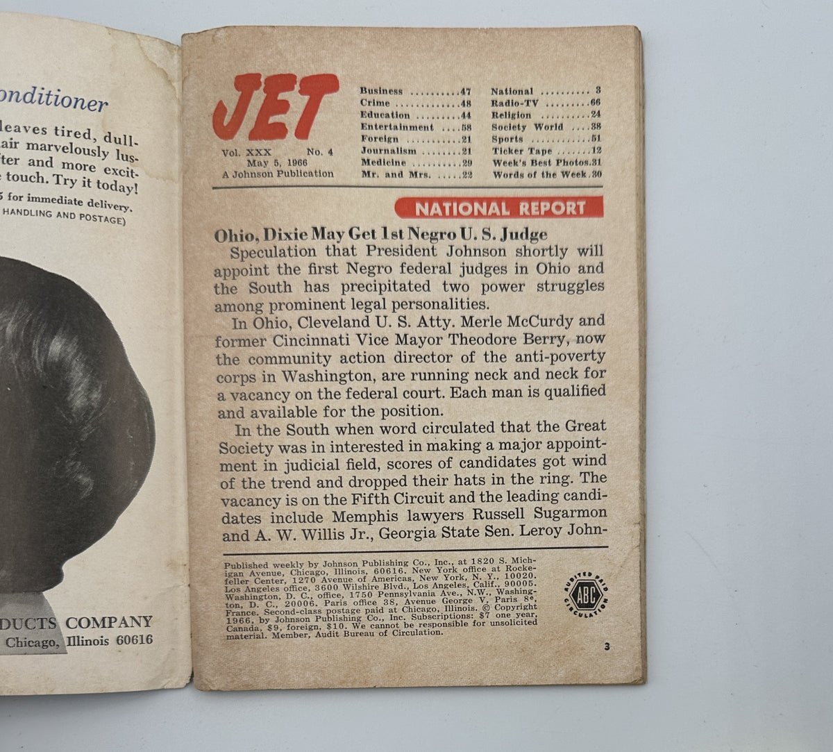 Inside page of Jet Magazine May 5, 1966 featuring a National Report on civil rights issues including a mention of Judge Dixon and community actions in Ohio. The page showcases the magazine's dedication to reporting on significant social matters.