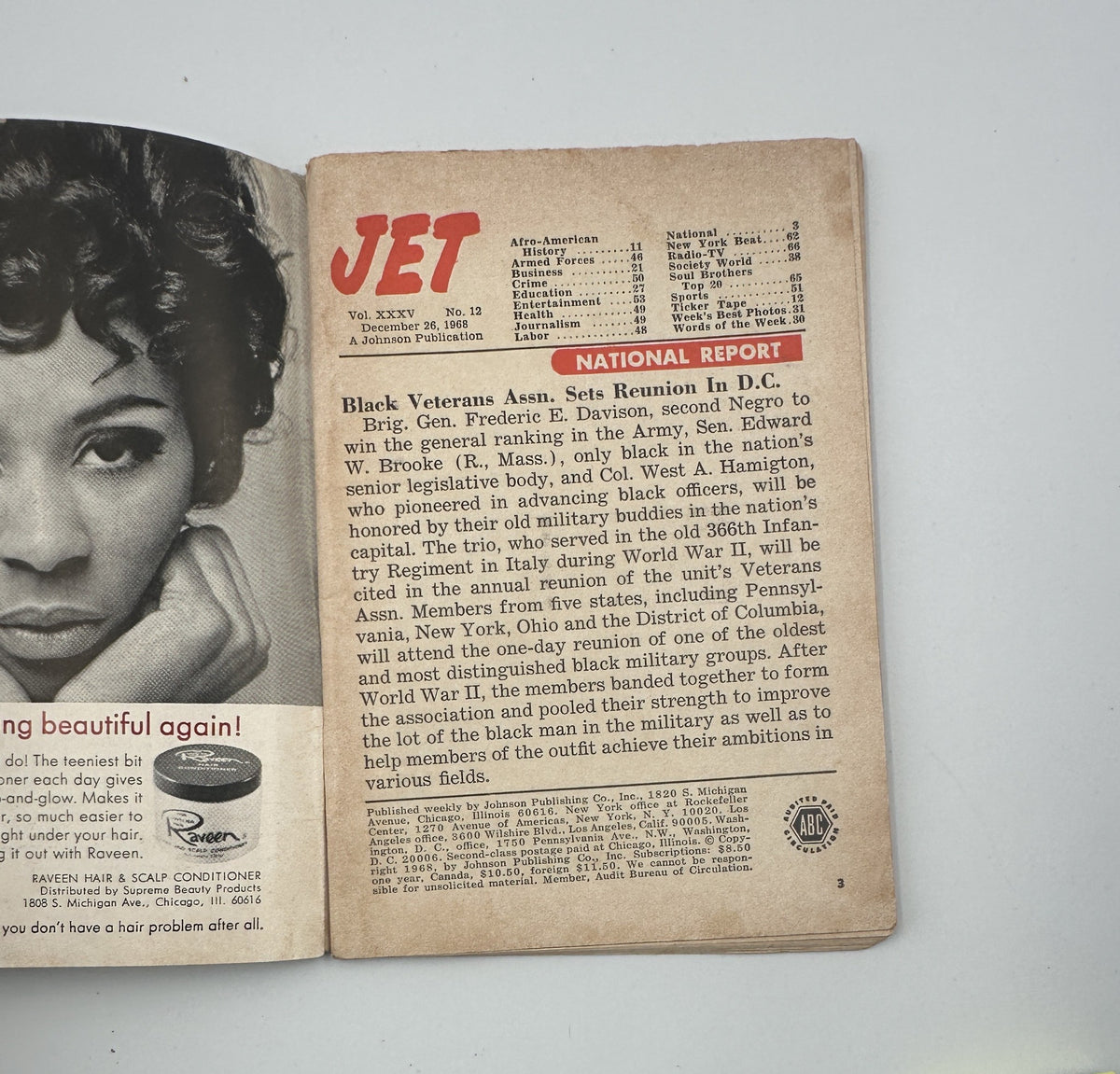 Interior spread of Jet Magazine, December 26, 1968, highlighting an article on Afro-American history and featuring a striking image of a woman. This representation showcases the magazine's focus on Black culture and issues.