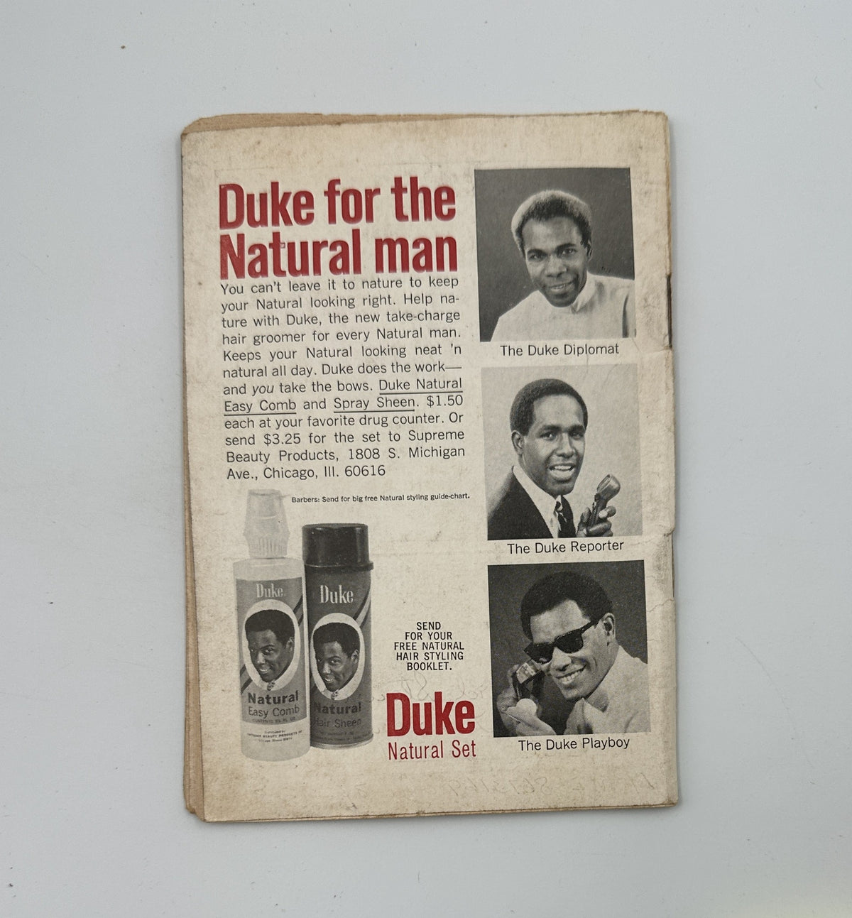 Back cover of Jet Magazine, December 26, 1968, advertising Duke Natural hair products with images of models showcasing natural hairstyles. Emphasizes the magazine's content related to beauty and hair care.
