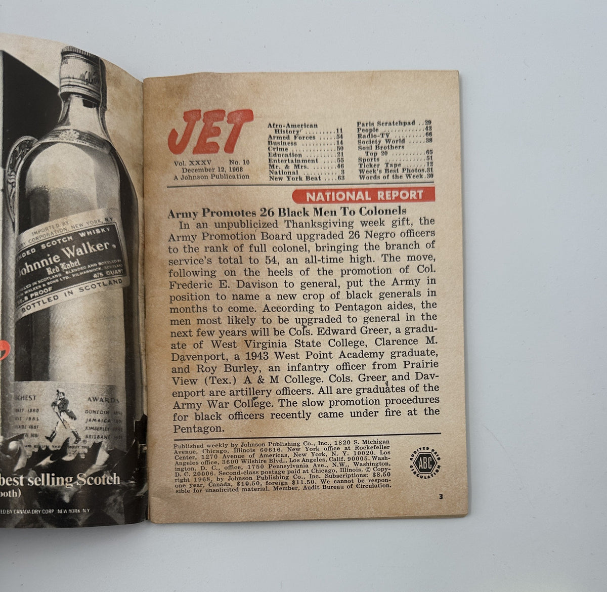 Interior page of Jet Magazine December 12, 1968, highlighting a national report on the Army's promotion of 26 Black men to colonel.