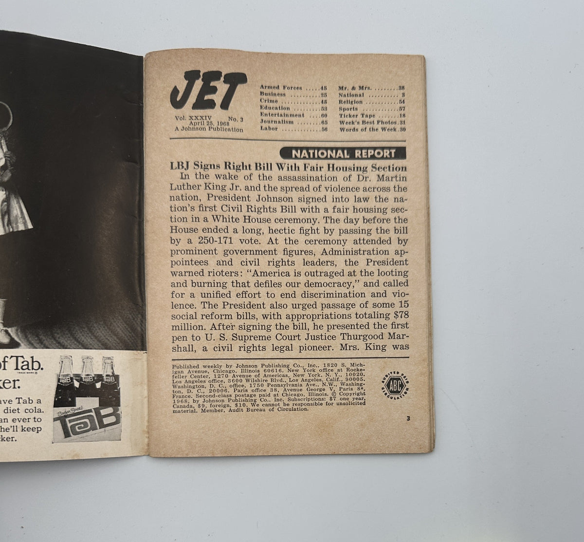 Inside page of Jet Magazine from April 25, 1968, highlighting the national report on LBJ's Fair Housing Bill following the assassination of Dr. Martin Luther King Jr.
