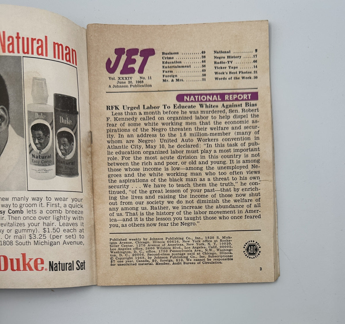 Cover of Jet Magazine from June 20, 1968, featuring a national report urging labor to educate on issues against African Americans, related to Robert Kennedy's tragedy. Vintage magazine in good condition available from Original Magazines.
