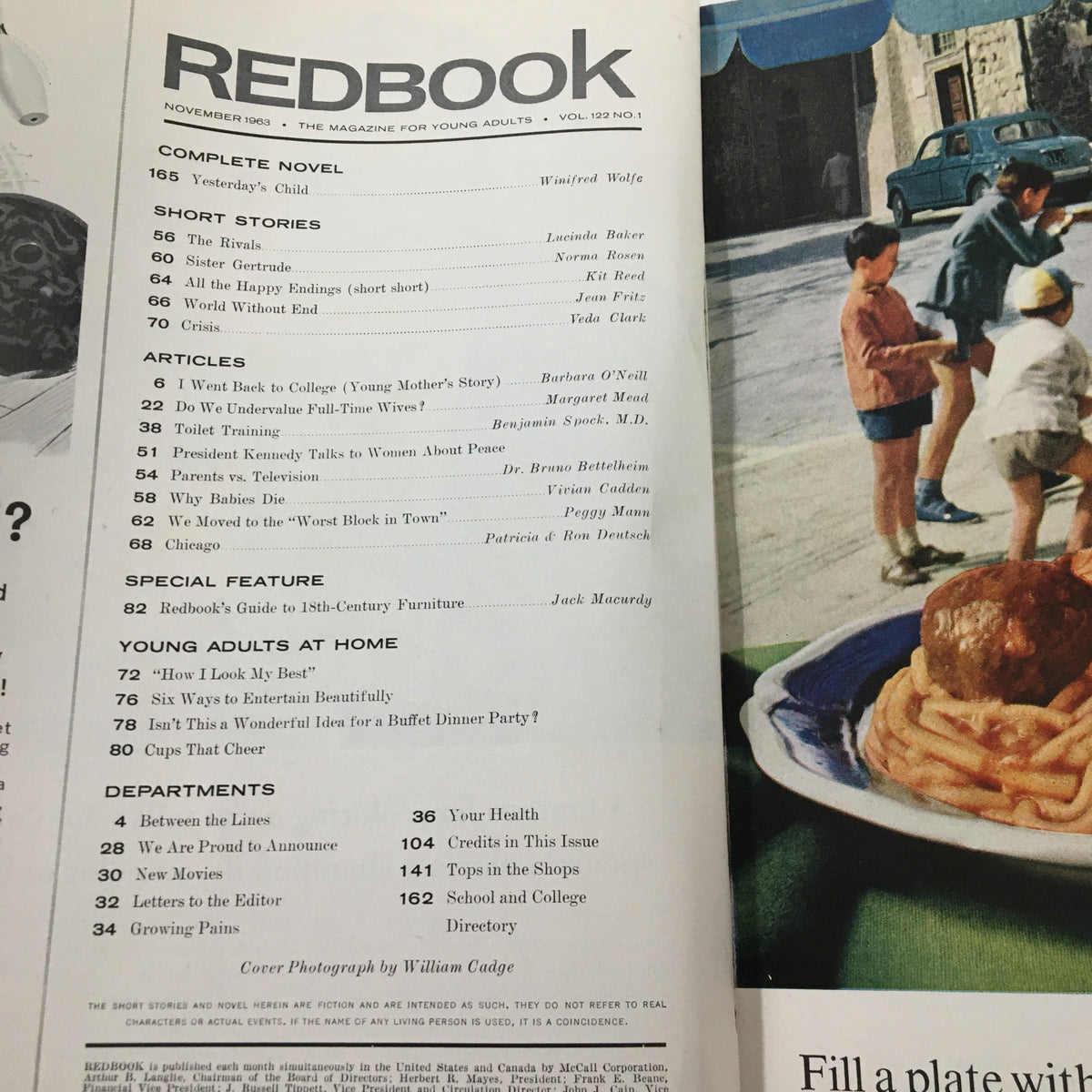 Table of contents of VTG Redbook Magazine from November 1963, listing various articles and features including 'Why Babies Die: A Dramatic Search for Answers'.