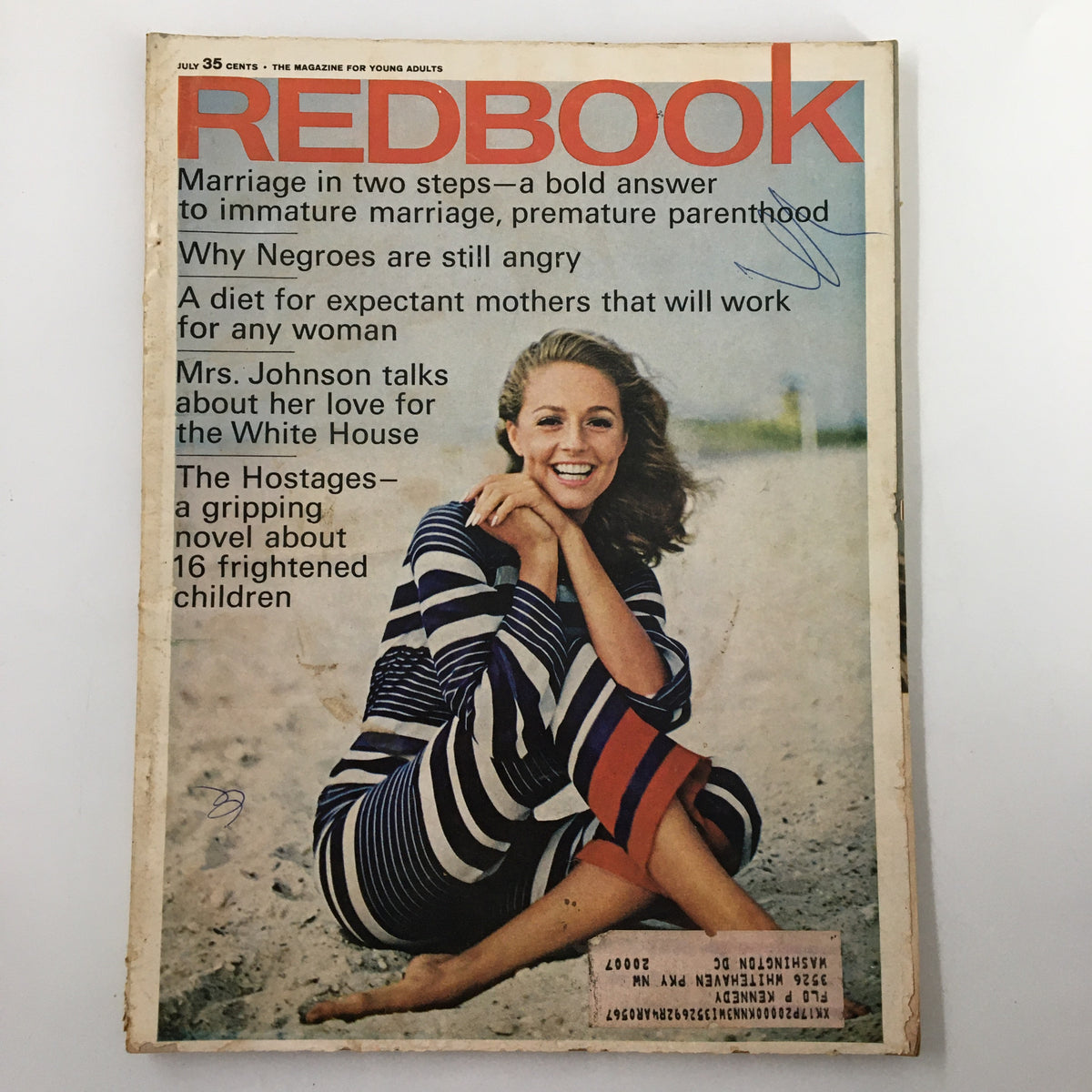 VTG Redbook Magazine July 1966 featuring the cover with a model in a striped outfit, showcasing articles on marriage, mothering, and societal topics.