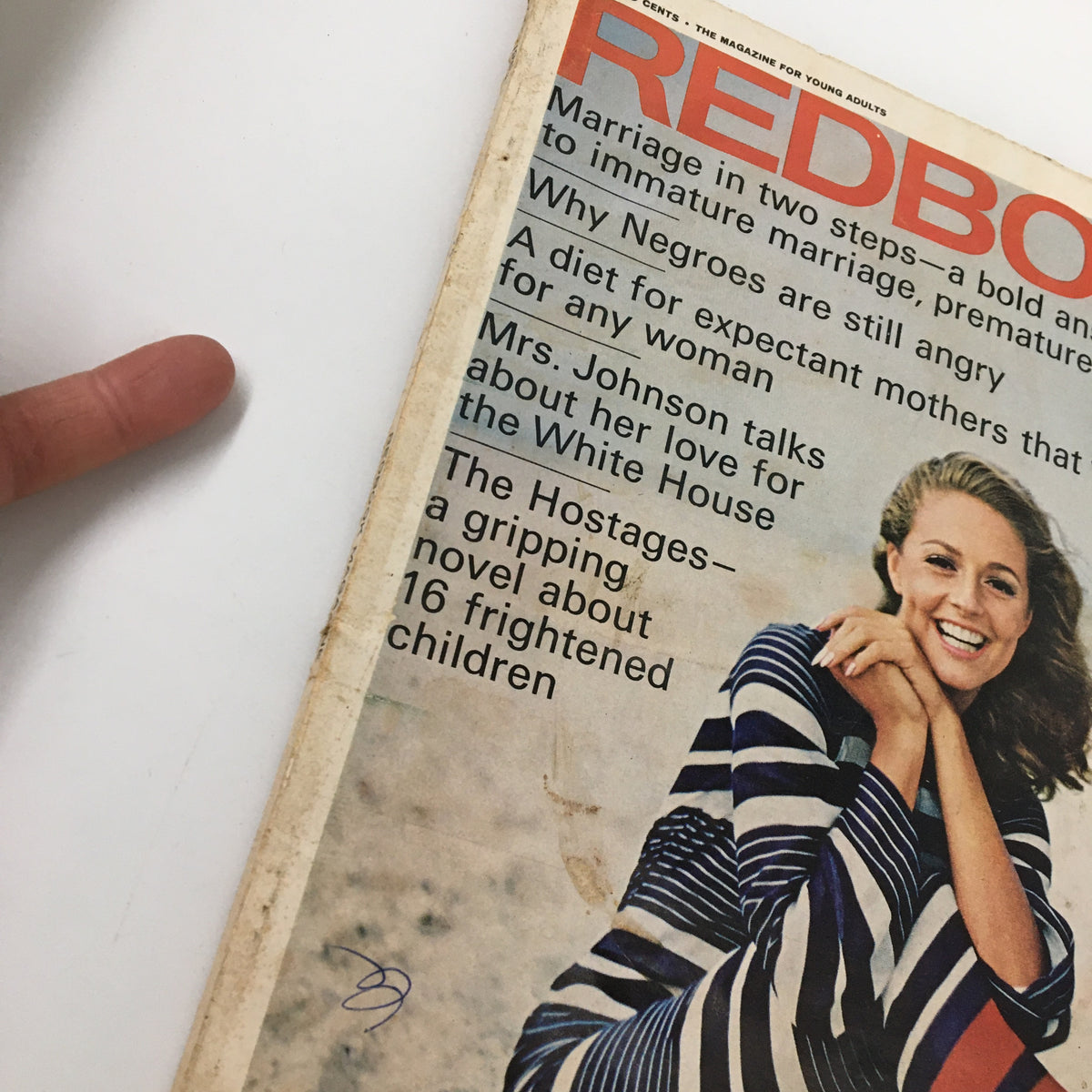 VTG Redbook Magazine July 1966 cover featuring the article 'Marriage in Two Steps: A Bold Answer' and a smiling woman in a striped outfit.