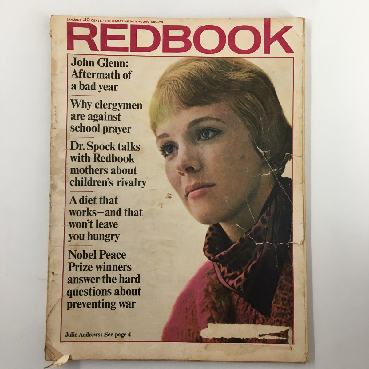 Vintage Redbook Magazine from January 1965 featuring John Glenn on the cover, titled 'Aftermath of a Bad Year', showcasing articles on various topics including children's rivalry and school prayer.