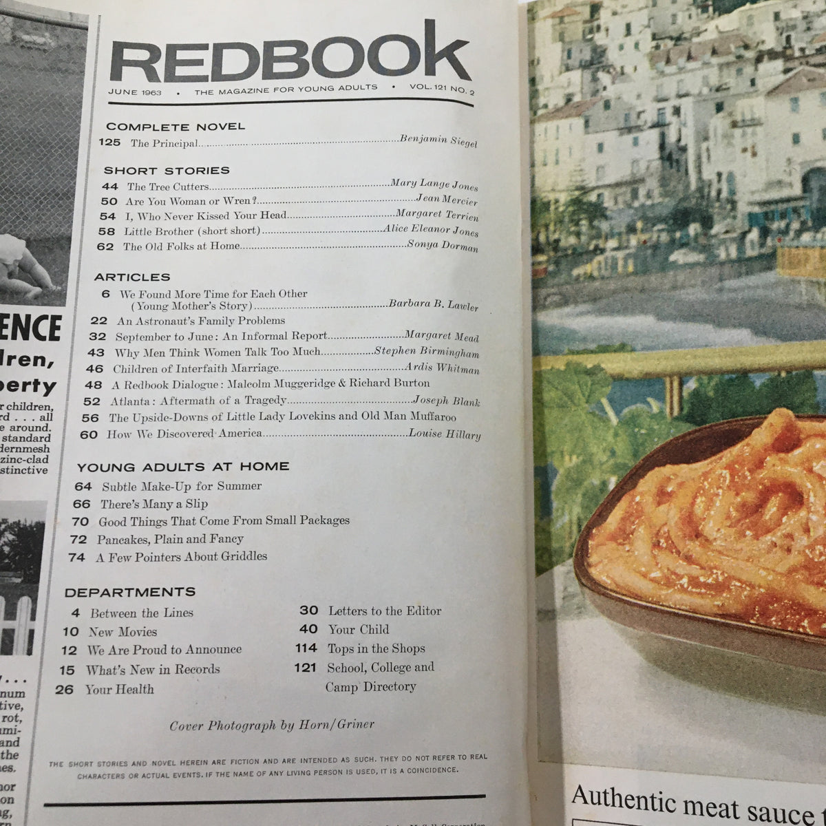 Interior page of VTG Redbook Magazine June 1963 showcasing a list of articles including 'An Astronaut's Family Problems' and other topics related to the 1960s.