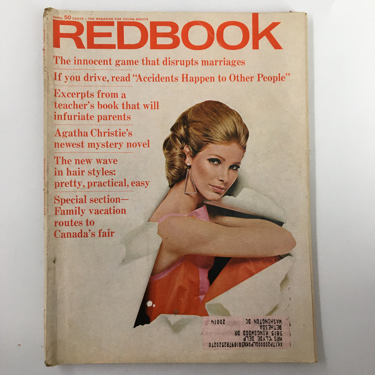 Cover of Redbook Magazine, April 1967 featuring Agatha Christie's newest mystery novel, showcasing a model with blonde hair and bold titles on the front.