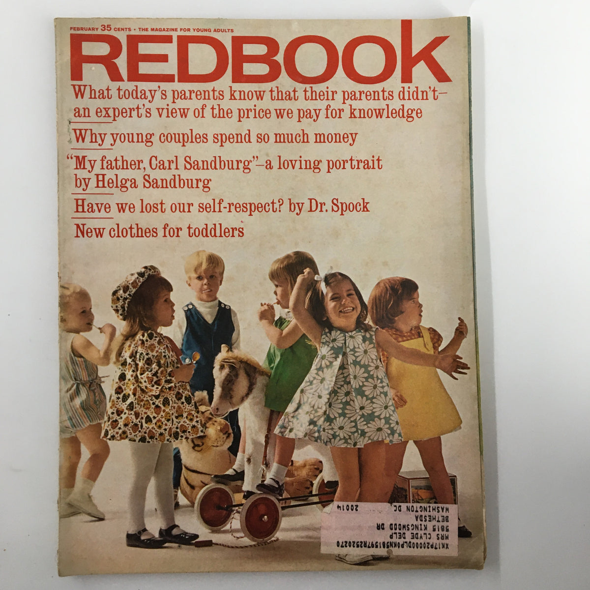 Cover of VTG Redbook Magazine February 1966 featuring children in various outfits, with headlines discussing parenting and childhood, including 'Why young couples spend so much money.'