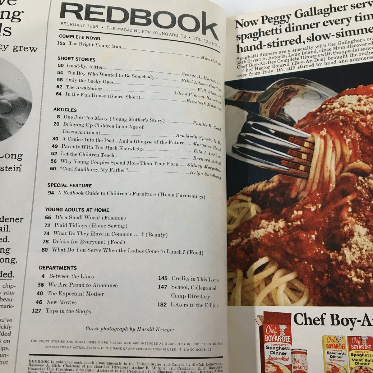 Interior page from VTG Redbook Magazine February 1966 displaying the table of contents and featured articles, highlighting lifestyle topics and a spaghetti recipe.