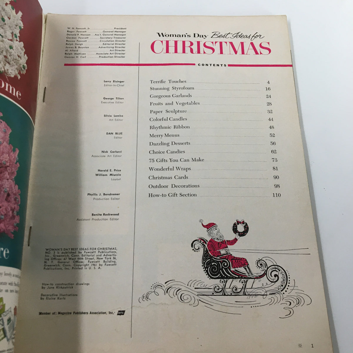 Interior page of Woman's Day Magazine No. 3 displaying the contents list, highlighting articles and creative ideas for Christmas.
