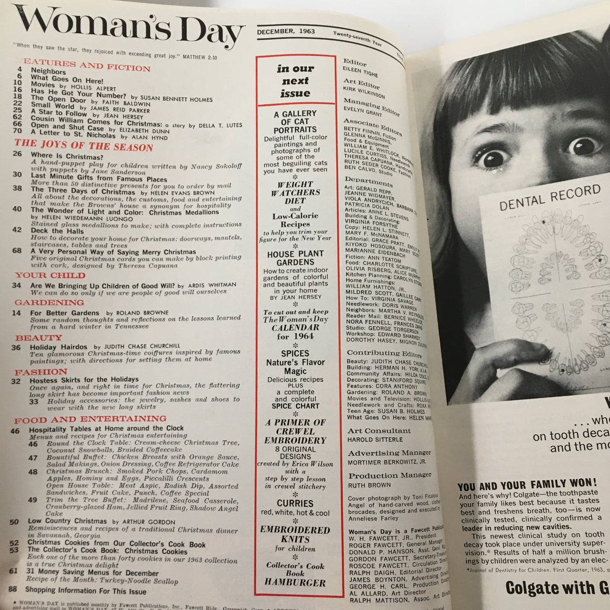 Interior page of the VTG Woman's Day Magazine December 1963 showing magazine contents, including festive features such as a hand-puppet play and various seasonal articles.