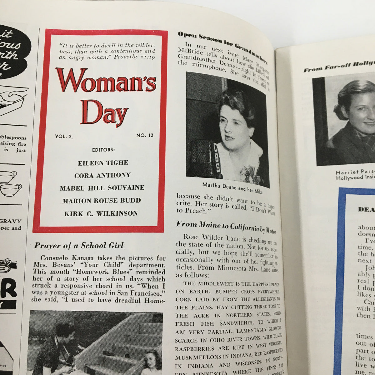 Interior page of VTG Woman's Day Magazine September 1939 featuring the magazine's title and articles, showcasing the editorial staff and topics such as 'Open Season for Grandmothers' and reflections on women's experiences.