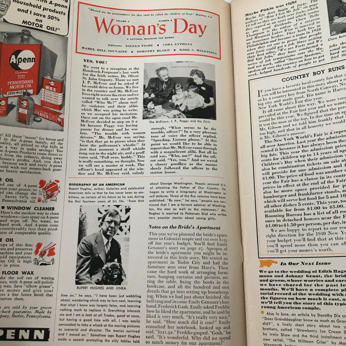Interior page of VTG Woman's Day Magazine May 1940 with articles including a biography of Rupert Hughes and social content, reflecting the era's culture.