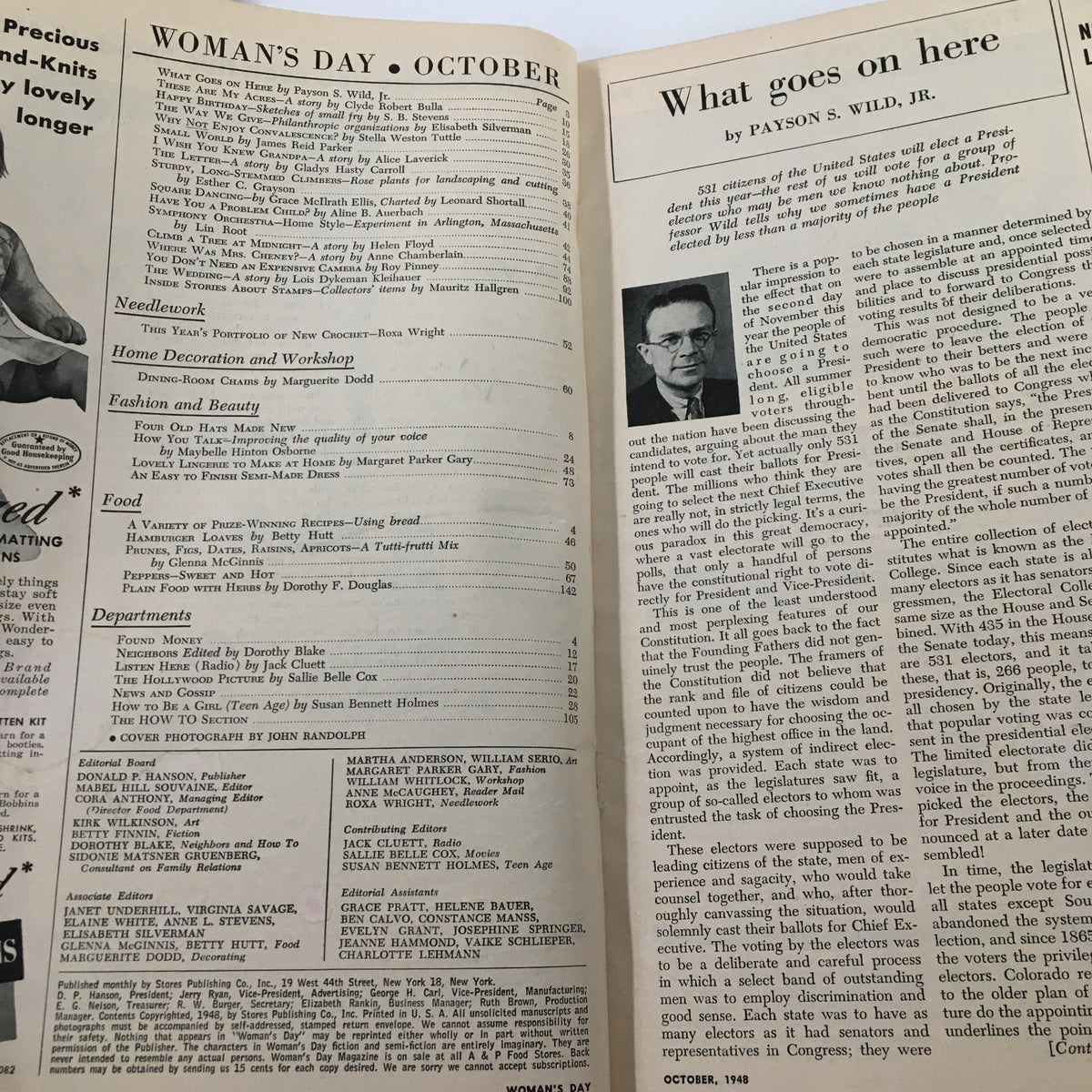 Inside page of VTG Woman's Day Magazine October 1948 displaying articles and features typical of mid-20th century publications.