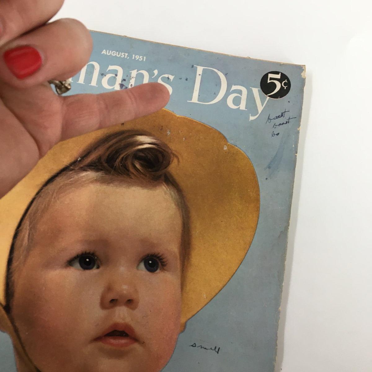 Cover of VTG Woman's Day Magazine August 1951 featuring a child in a yellow hat, highlighting vintage design and nostalgic appeal.
