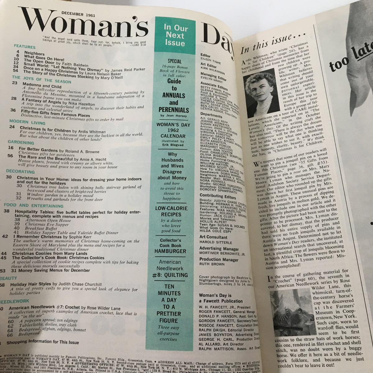 Woman's Day Magazine December 1961 featuring articles on holiday decor, recipes, and modern living. Inside look showcasing the contents list and features of the vintage magazine titled 'Let Nothing You Dismay', highlighting the cultural insights of the early 1960s.