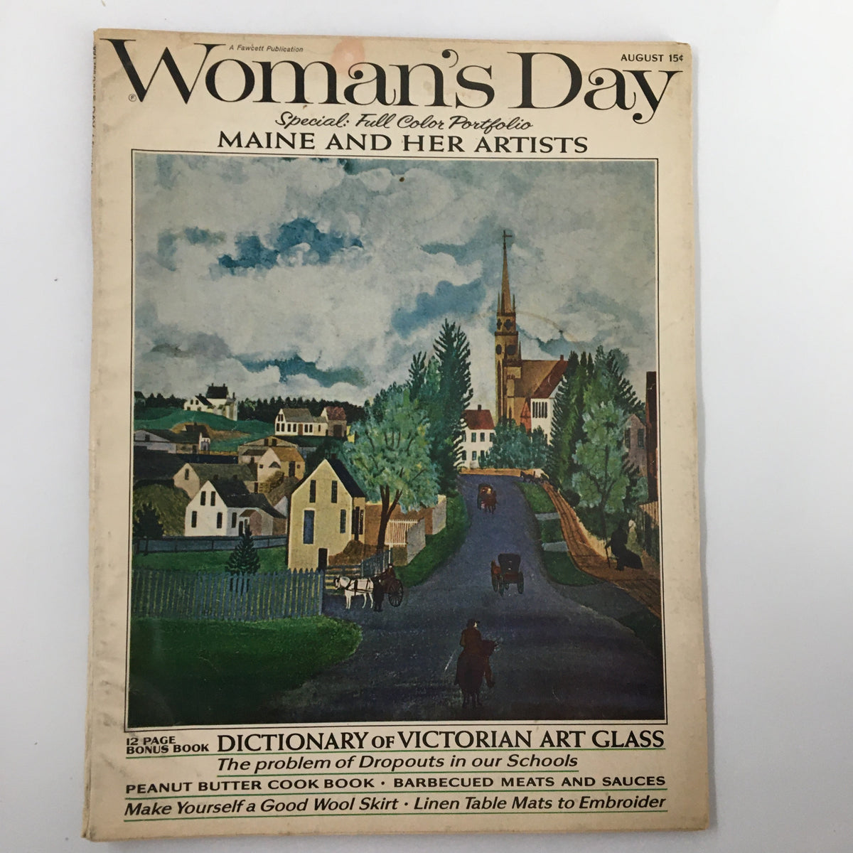Cover of VTG Woman's Day Magazine August 1964 titled 'A Lovely Conspiracy', featuring an artistic illustration of a rural landscape in Maine with houses, trees, and a church steeple.