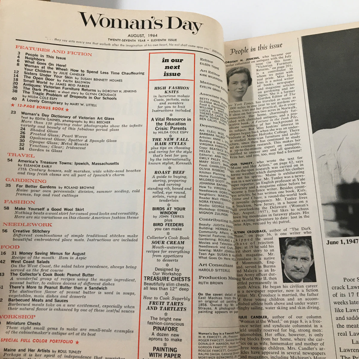 VTG Woman's Day Magazine August 1964 interior page featuring the table of contents, highlights including features, fashion, and articles reflecting 1960s culture.