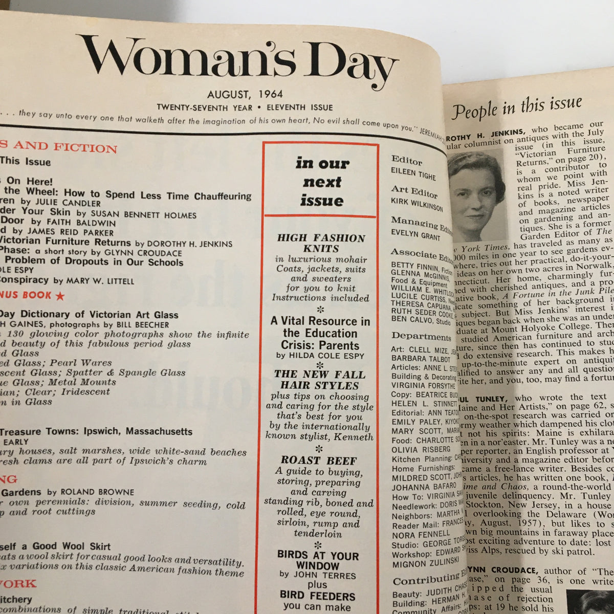 VTG Woman's Day Magazine August 1964 close-up of the table of contents, showcasing articles like Victorian Furniture Returns, High Fashion Knits, and a feature on food.