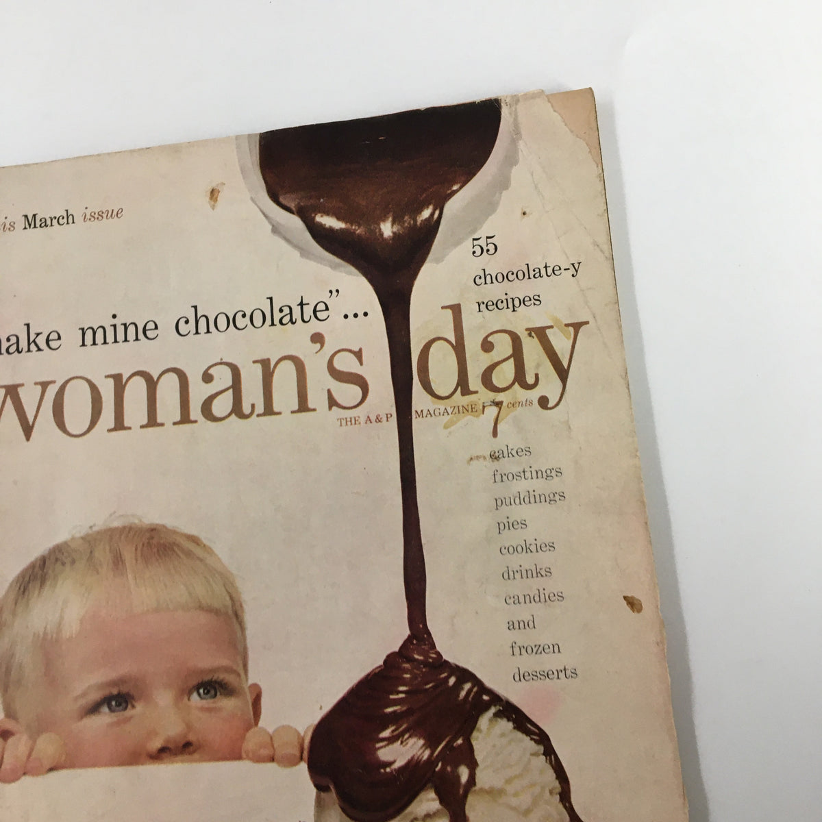Cover of VTG Woman's Day Magazine March 1954 featuring the headline 'Make Mine Chocolate' with chocolate dripping from a spoon.