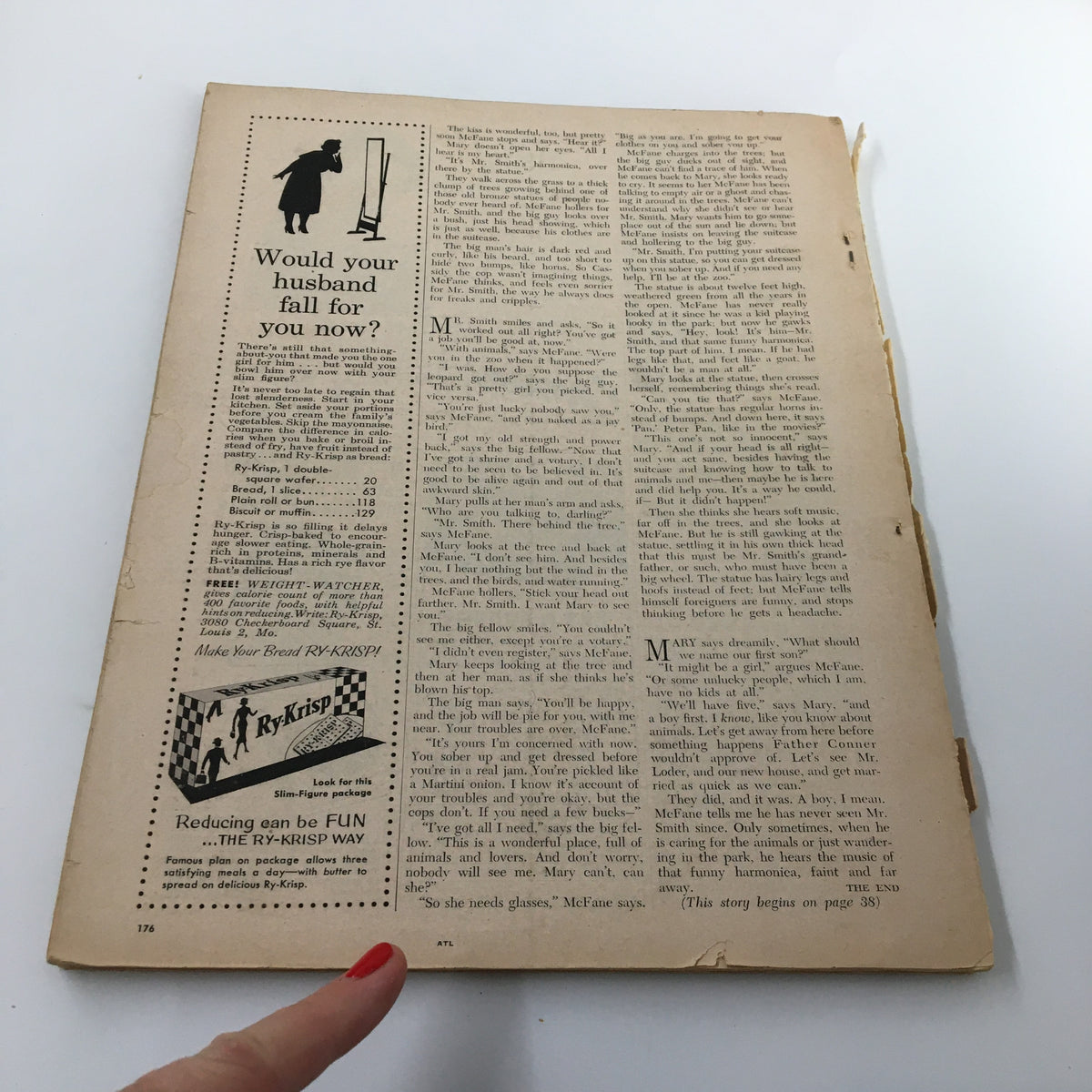 Article page from VTG Woman's Day Magazine March 1954 displaying a story titled 'Would Your Husband Fall for You Now?' along with an advertisement for Ry-Krisp.