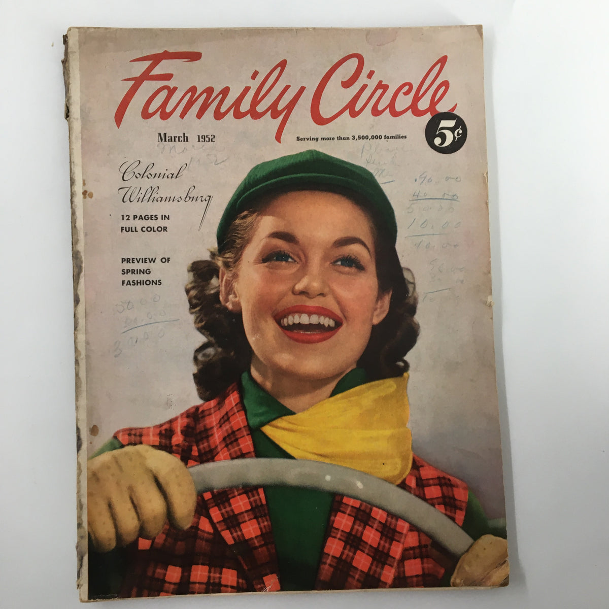 Cover of VTG Family Circle Magazine March 1952 featuring a smiling young woman in a green hat and yellow scarf, promoting Easter Dinner From The Freezer.