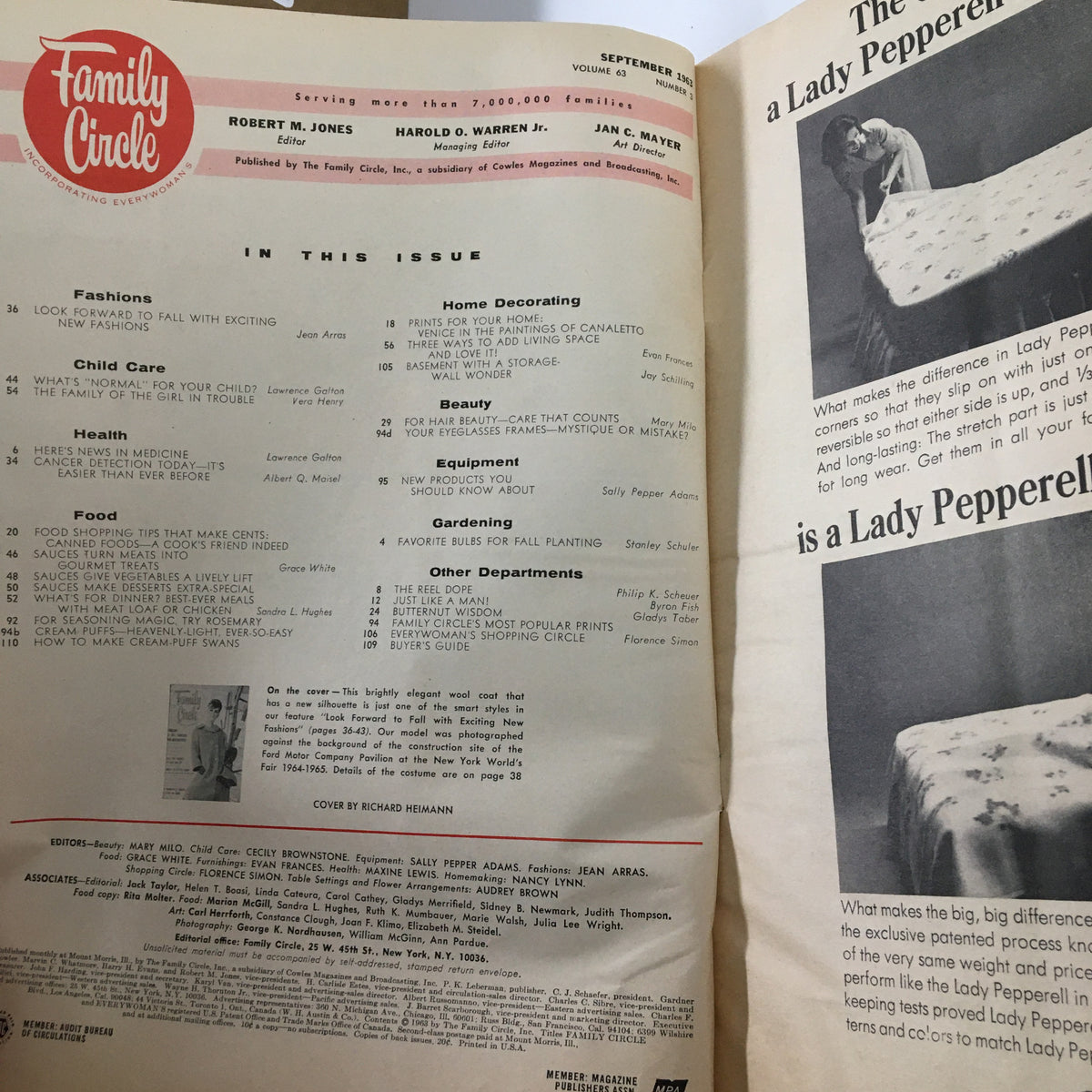 Interior page of the VTG Family Circle Magazine September 1963, showing the table of contents with features on fashion, health, home decorating, and child care.