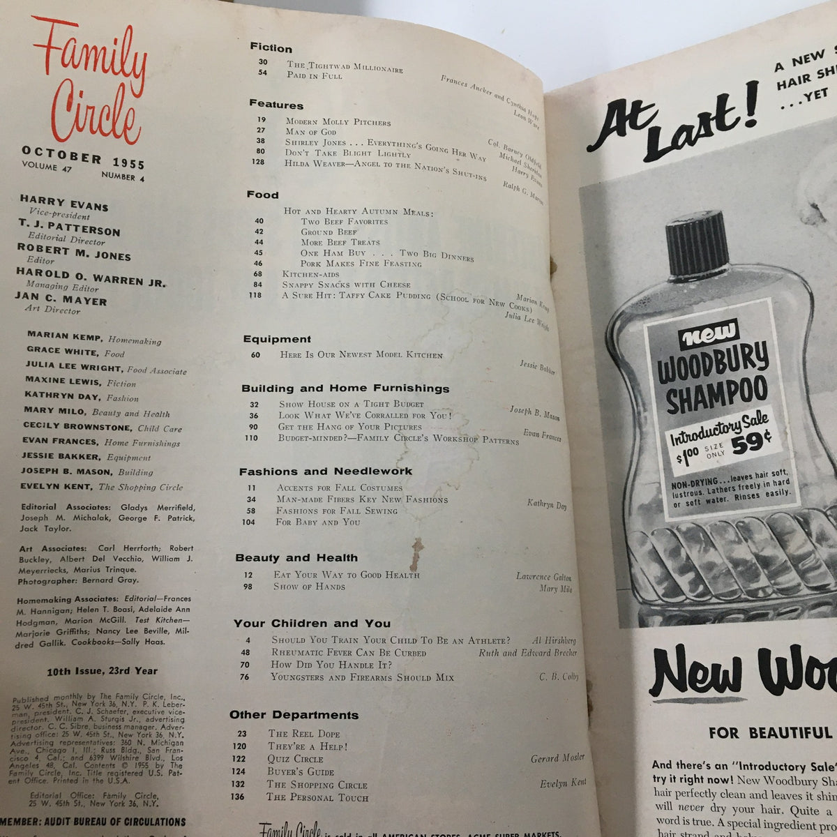 Interior page of VTG Family Circle Magazine October 1955 displaying the table of contents and various articles including 'The Tightwad Millionaire'.